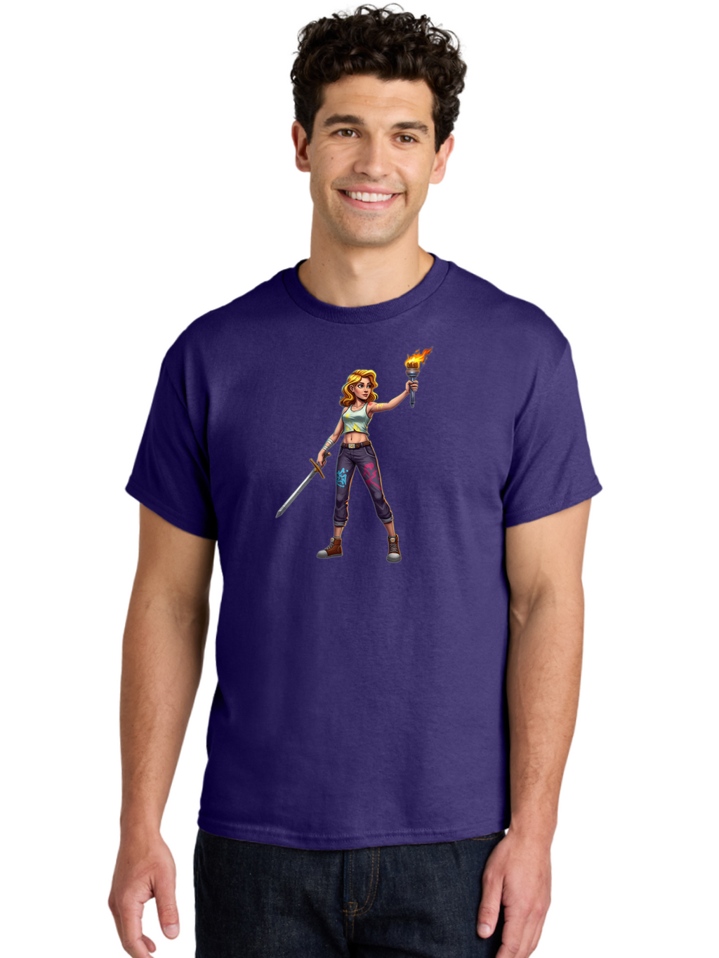 Female-Warrior Men'S Graphic Tee, 100% Cotton, Comfortable Casual Summer Wear, Machine Washable, Female Warrior, Sword And Torch, Strong Woman, Fierce Fighter, Blonde Hair, White Tank Top, Graffiti Pants, Combat Boots, Powerful Pose, Bad088