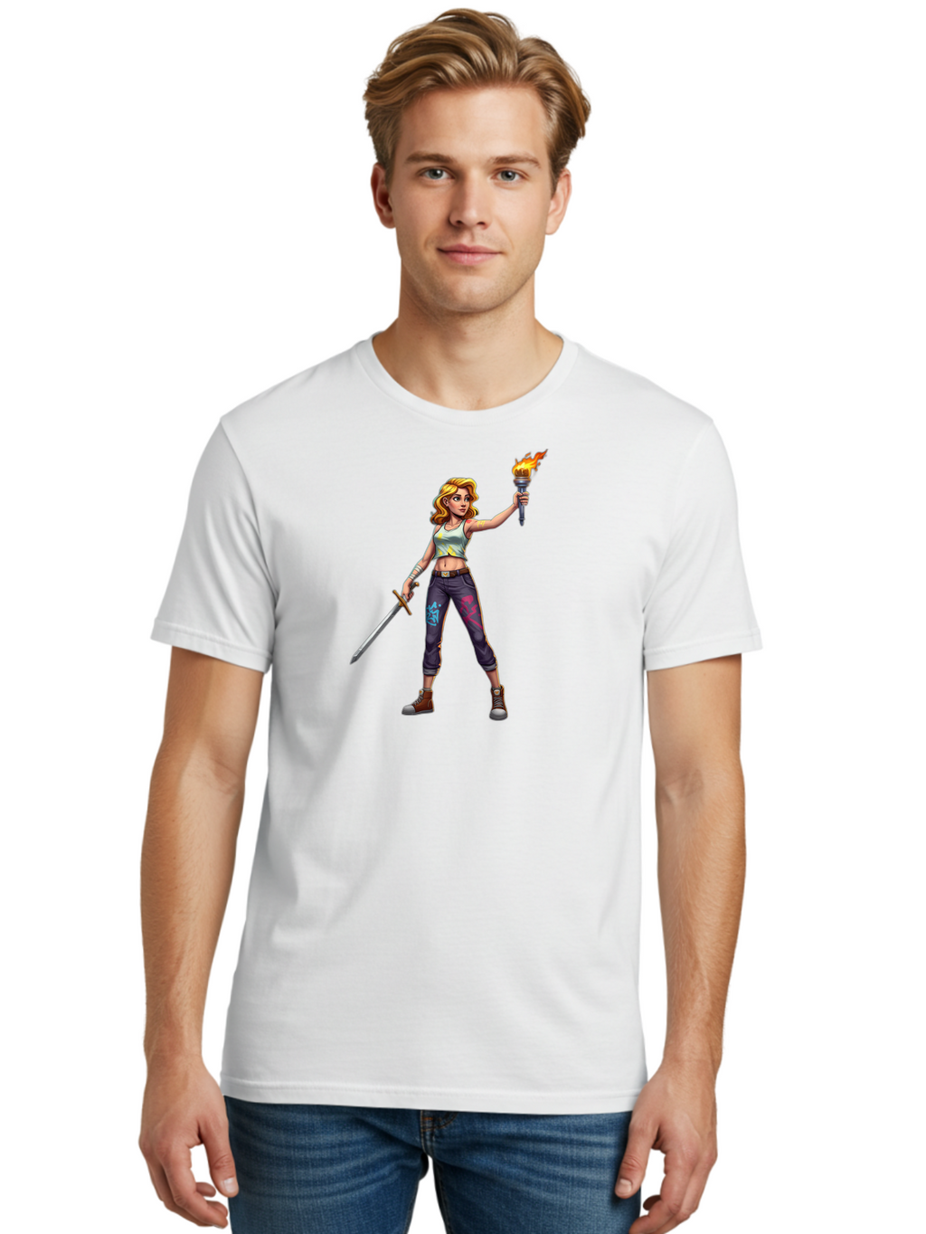 Female-Warrior Men'S Graphic Tee, 100% Cotton, Comfortable Casual Summer Wear, Machine Washable, Female Warrior, Sword And Torch, Strong Woman, Fierce Fighter, Blonde Hair, White Tank Top, Graffiti Pants, Combat Boots, Powerful Pose, Bad088