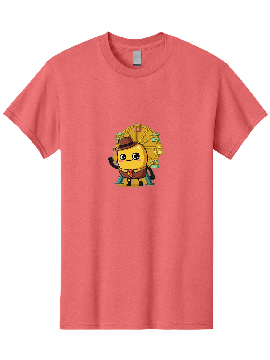 Ferris-Wheel-Potato Men'S Graphic Tee, 100% Cotton, Comfortable Casual Summer Wear, Machine Washable, Cartoon Emoji, Smiling Face, Waving Hand, Ferris Wheel, Carnival Theme, Amusement Park, Playful Character, Happy Expression, Bad089