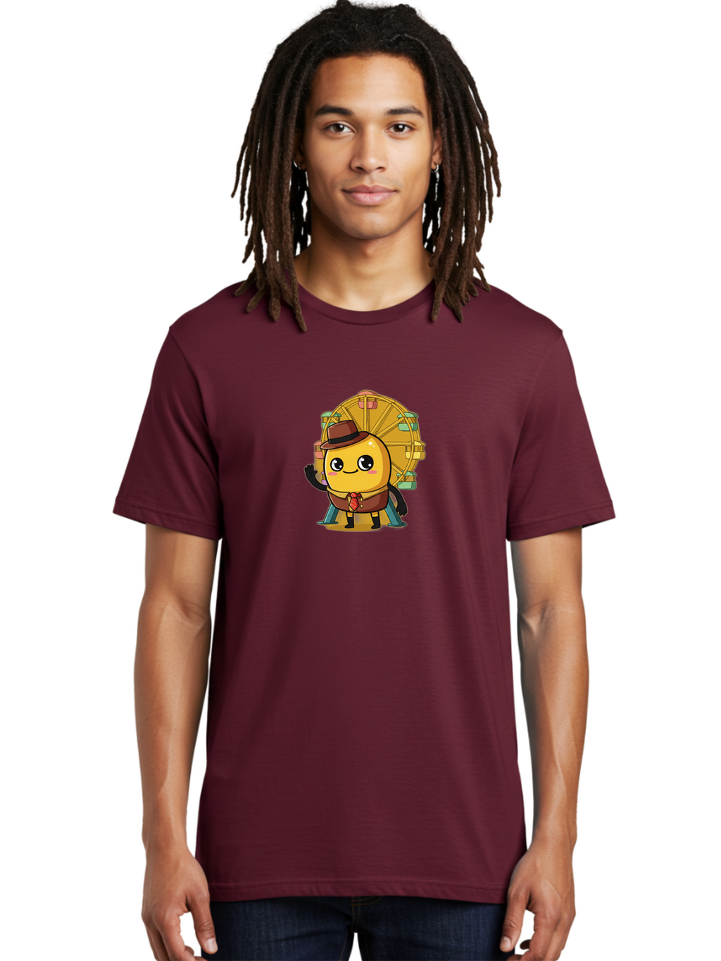 Ferris-Wheel-Potato Men'S Graphic Tee, 100% Cotton, Comfortable Casual Summer Wear, Machine Washable, Cartoon Emoji, Smiling Face, Waving Hand, Ferris Wheel, Carnival Theme, Amusement Park, Playful Character, Happy Expression, Bad089