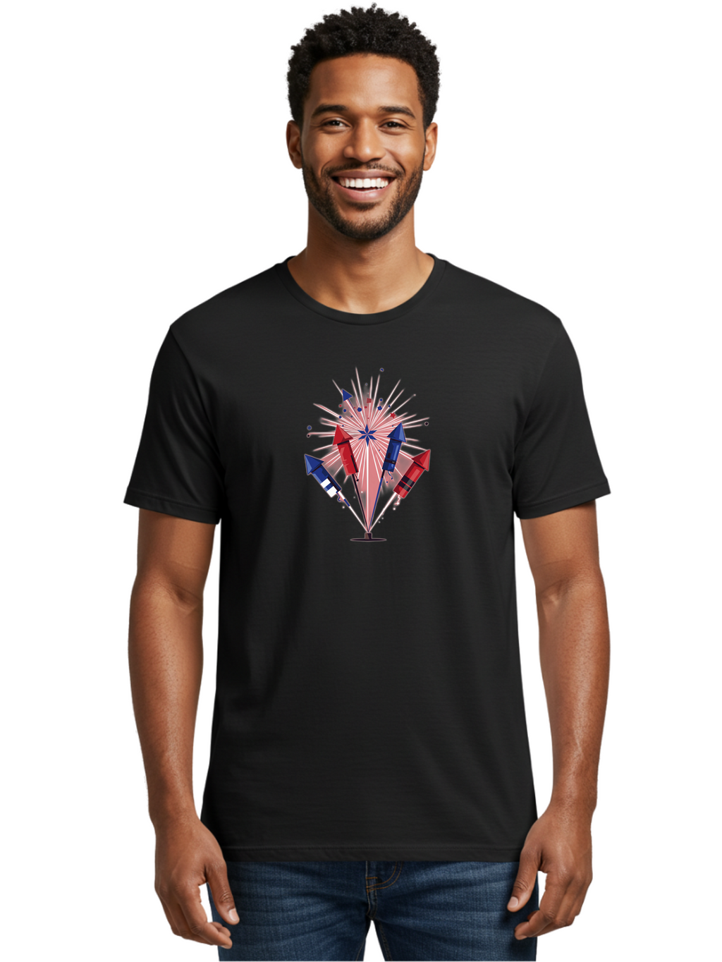 Fireworks-1 Men'S Graphic Tee, 100% Cotton, Comfortable Casual Summer Wear, Machine Washable, Fireworks Explosion, Colorful Rockets, Festive Atmosphere, Celebration, Red White And Blue, 4Th Of July, Patriotic Theme, Bursting Fireworks, Bad092