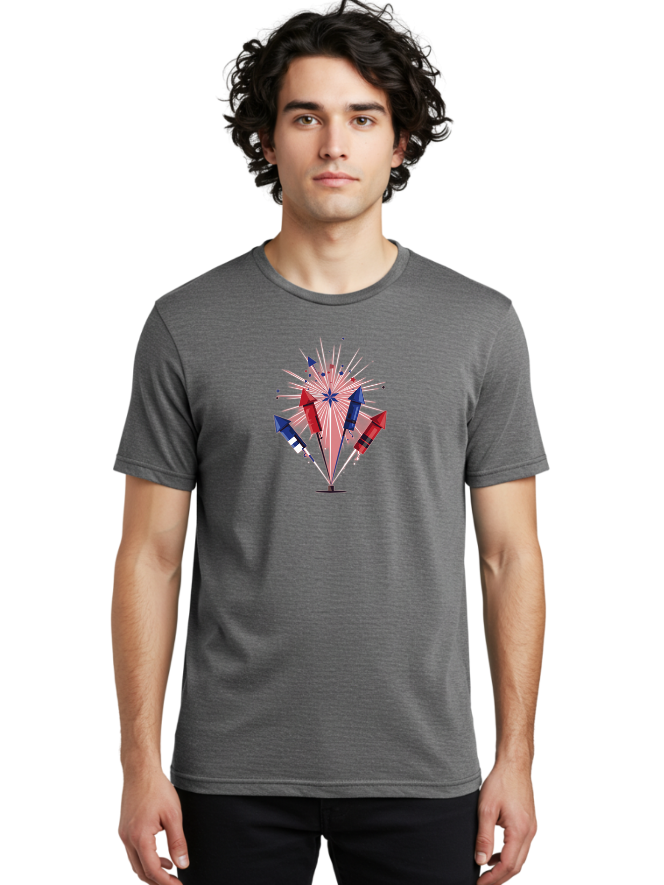 Fireworks-1 Men'S Graphic Tee, 100% Cotton, Comfortable Casual Summer Wear, Machine Washable, Fireworks Explosion, Colorful Rockets, Festive Atmosphere, Celebration, Red White And Blue, 4Th Of July, Patriotic Theme, Bursting Fireworks, Bad092