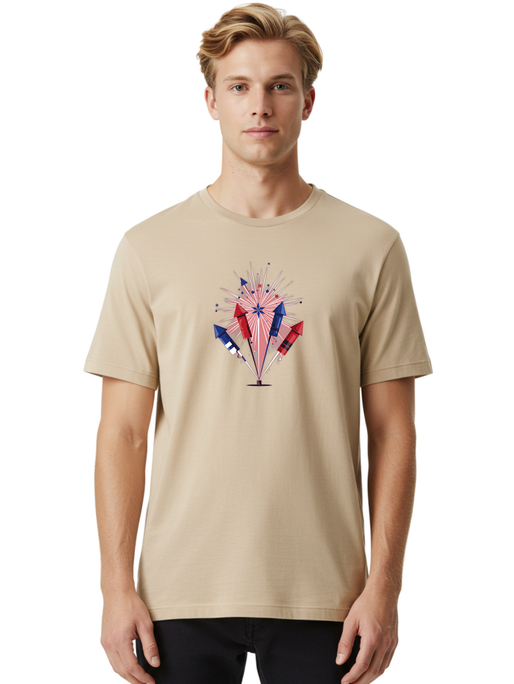 Fireworks-1 Men'S Graphic Tee, 100% Cotton, Comfortable Casual Summer Wear, Machine Washable, Fireworks Explosion, Colorful Rockets, Festive Atmosphere, Celebration, Red White And Blue, 4Th Of July, Patriotic Theme, Bursting Fireworks, Bad092
