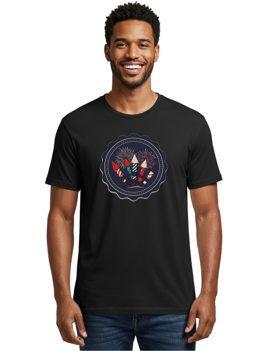 Fireworks-Icon Men'S Graphic Tee, 100% Cotton, Comfortable Casual Summer Wear, Machine Washable, Fireworks Explosion, Festive Celebration, Party Decorations, Colorful Display, Explosive Bursts, Vibrant Colors, Celebratory Theme Bad093