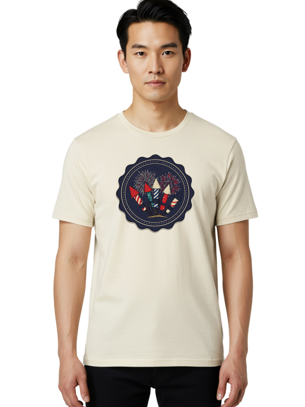 Fireworks-Icon Men'S Graphic Tee, 100% Cotton, Comfortable Casual Summer Wear, Machine Washable, Fireworks Explosion, Festive Celebration, Party Decorations, Colorful Display, Explosive Bursts, Vibrant Colors, Celebratory Theme Bad093