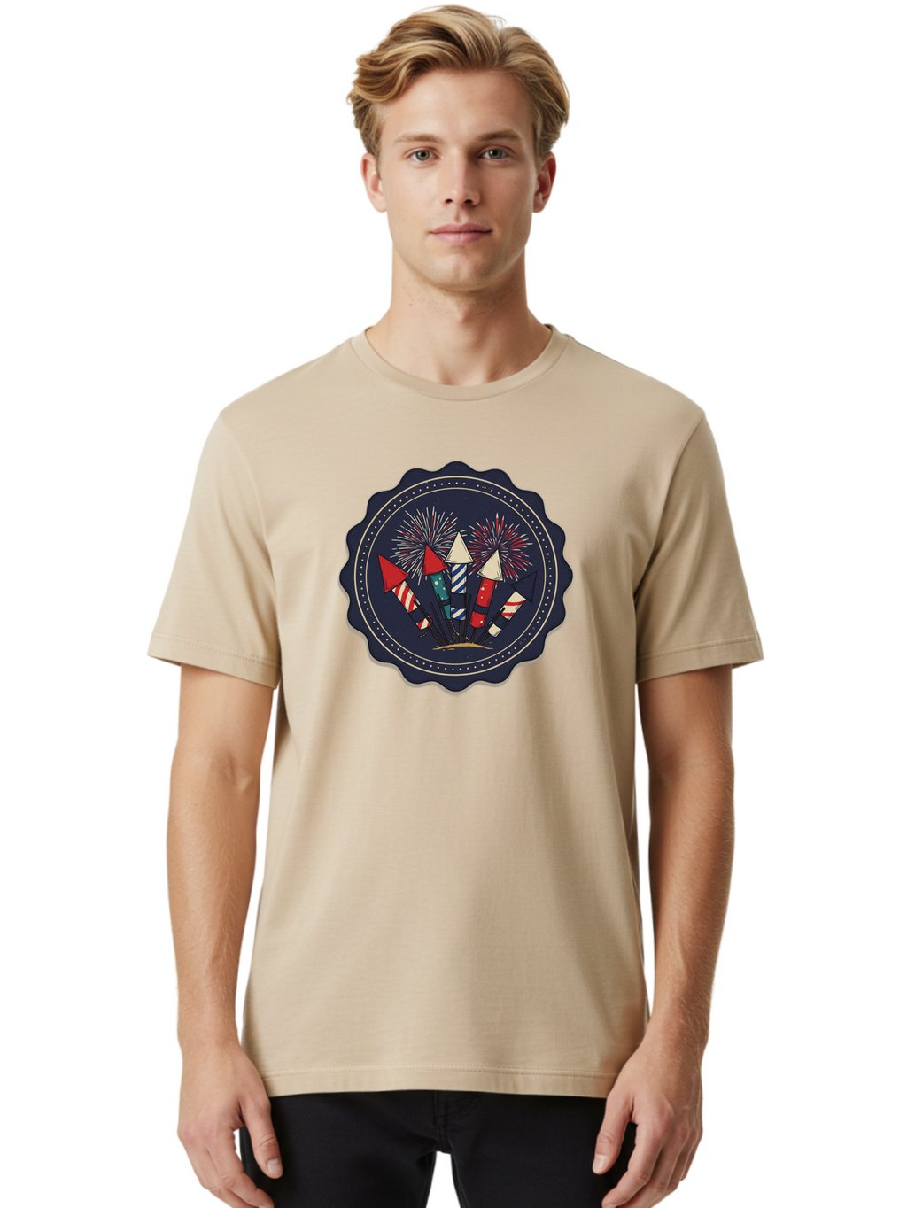 Fireworks-Icon Men'S Graphic Tee, 100% Cotton, Comfortable Casual Summer Wear, Machine Washable, Fireworks Explosion, Festive Celebration, Party Decorations, Colorful Display, Explosive Bursts, Vibrant Colors, Celebratory Theme Bad093