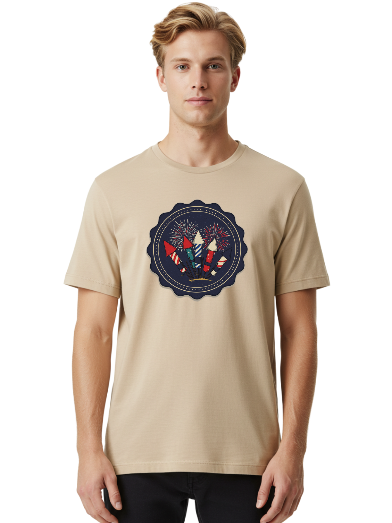 Fireworks-Icon Men'S Graphic Tee, 100% Cotton, Comfortable Casual Summer Wear, Machine Washable, Fireworks Explosion, Festive Celebration, Party Decorations, Colorful Display, Explosive Bursts, Vibrant Colors, Celebratory Theme Bad093