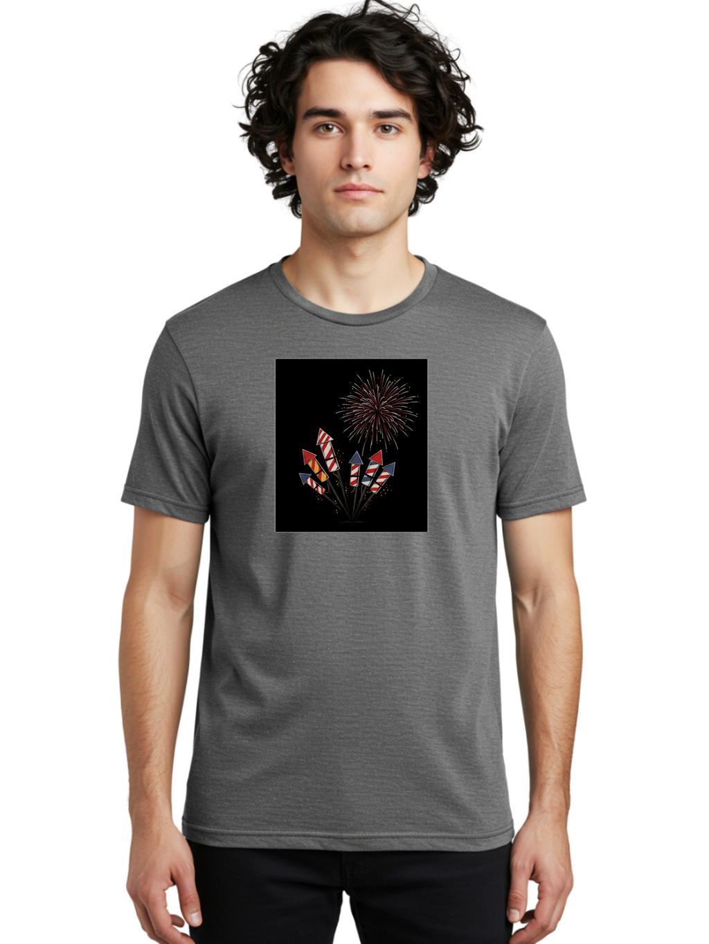 Fireworks Men'S Graphic Tee, 100% Cotton, Comfortable Casual Summer Wear, Machine Washable, Fireworks Explosion, Red White And Blue Fireworks, Festive Celebration, Patriotic Theme, 4Th Of July, Independence Day, Festive Atmosphere, Bad094