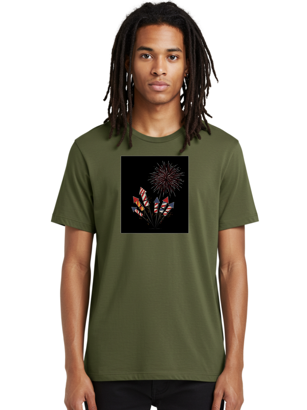Fireworks Men'S Graphic Tee, 100% Cotton, Comfortable Casual Summer Wear, Machine Washable, Fireworks Explosion, Red White And Blue Fireworks, Festive Celebration, Patriotic Theme, 4Th Of July, Independence Day, Festive Atmosphere, Bad094