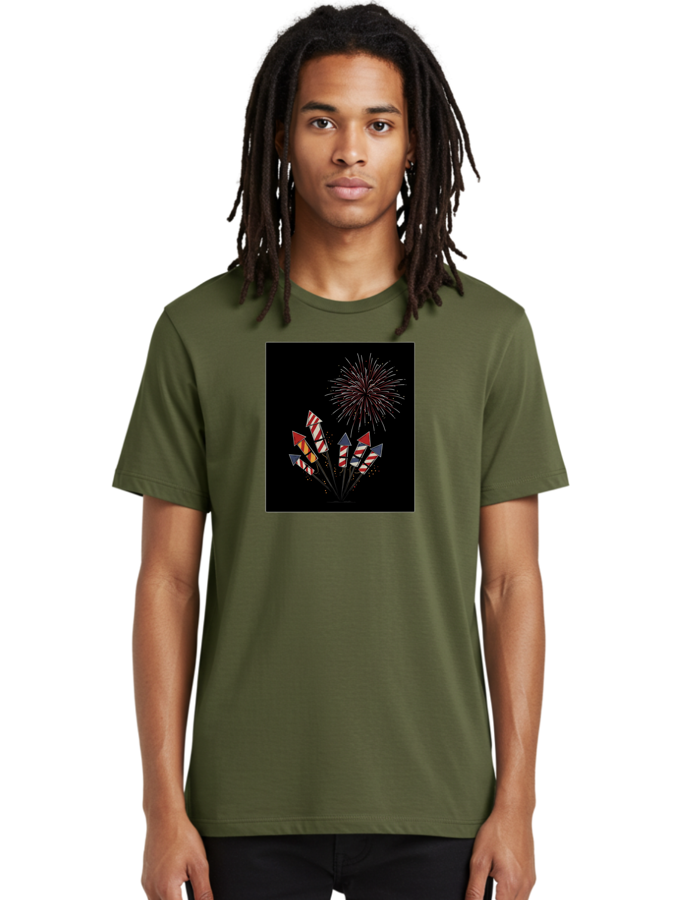 Fireworks Men'S Graphic Tee, 100% Cotton, Comfortable Casual Summer Wear, Machine Washable, Fireworks Explosion, Red White And Blue Fireworks, Festive Celebration, Patriotic Theme, 4Th Of July, Independence Day, Festive Atmosphere, Bad094