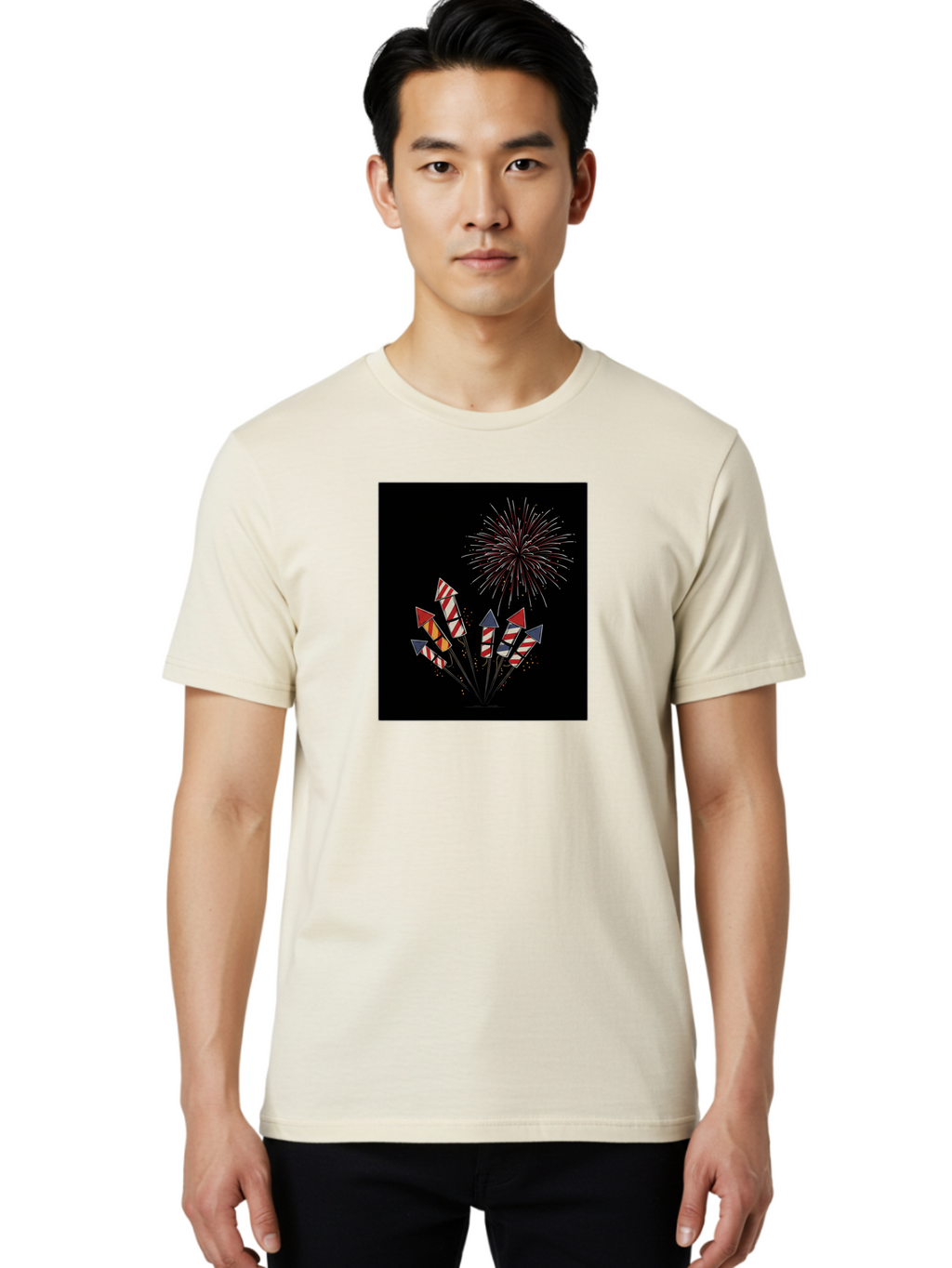 Fireworks Men'S Graphic Tee, 100% Cotton, Comfortable Casual Summer Wear, Machine Washable, Fireworks Explosion, Red White And Blue Fireworks, Festive Celebration, Patriotic Theme, 4Th Of July, Independence Day, Festive Atmosphere, Bad094