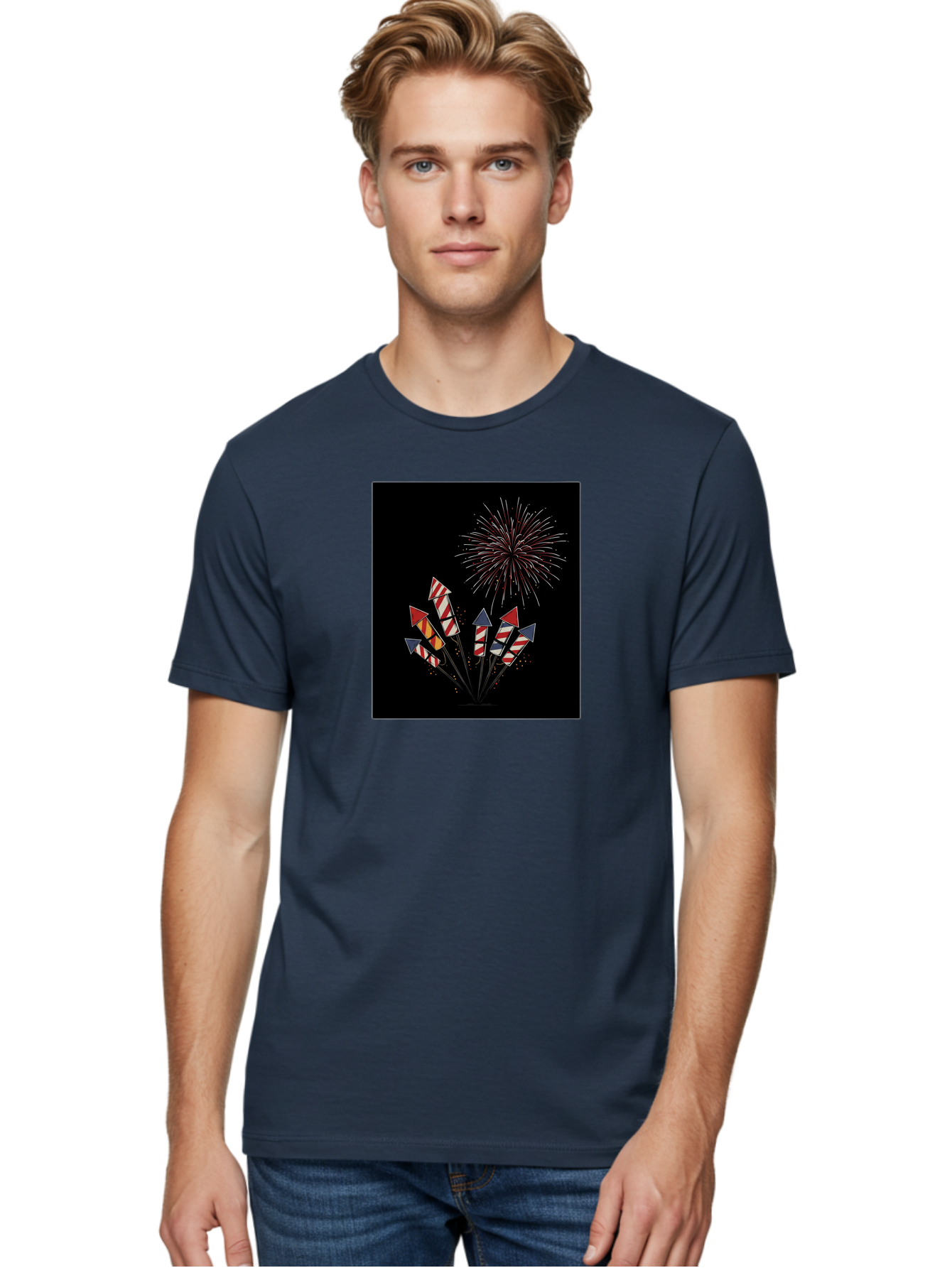 Fireworks Men'S Graphic Tee, 100% Cotton, Comfortable Casual Summer Wear, Machine Washable, Fireworks Explosion, Red White And Blue Fireworks, Festive Celebration, Patriotic Theme, 4Th Of July, Independence Day, Festive Atmosphere, Bad094
