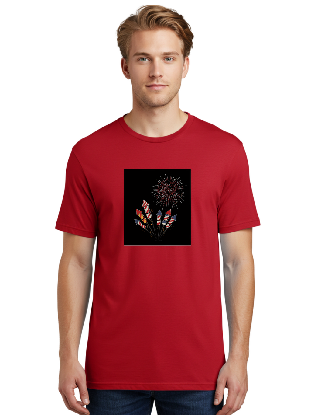 Fireworks Men'S Graphic Tee, 100% Cotton, Comfortable Casual Summer Wear, Machine Washable, Fireworks Explosion, Red White And Blue Fireworks, Festive Celebration, Patriotic Theme, 4Th Of July, Independence Day, Festive Atmosphere, Bad094