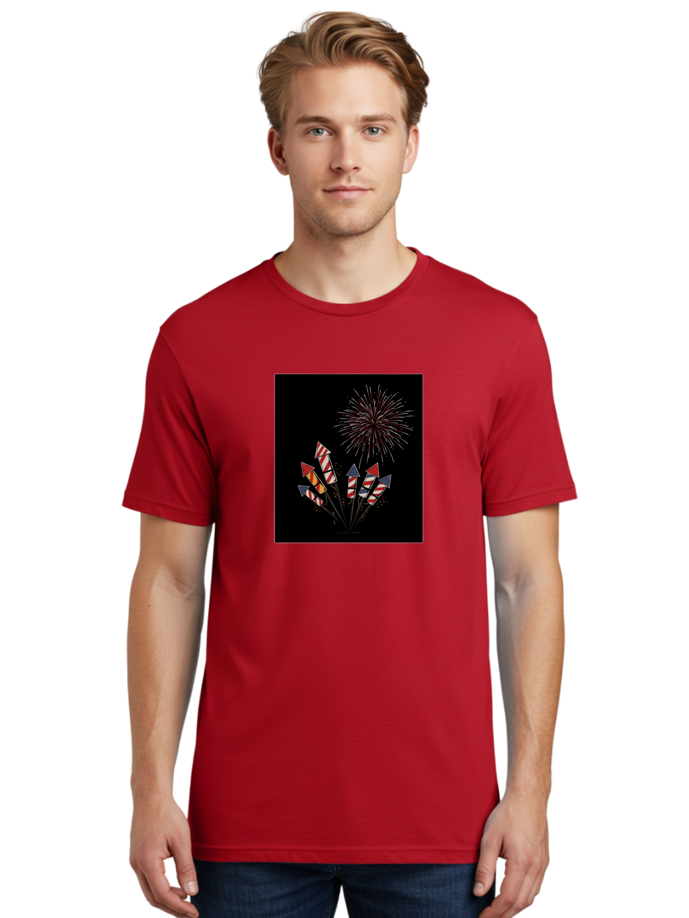 Fireworks Men'S Graphic Tee, 100% Cotton, Comfortable Casual Summer Wear, Machine Washable, Fireworks Explosion, Red White And Blue Fireworks, Festive Celebration, Patriotic Theme, 4Th Of July, Independence Day, Festive Atmosphere, Bad094