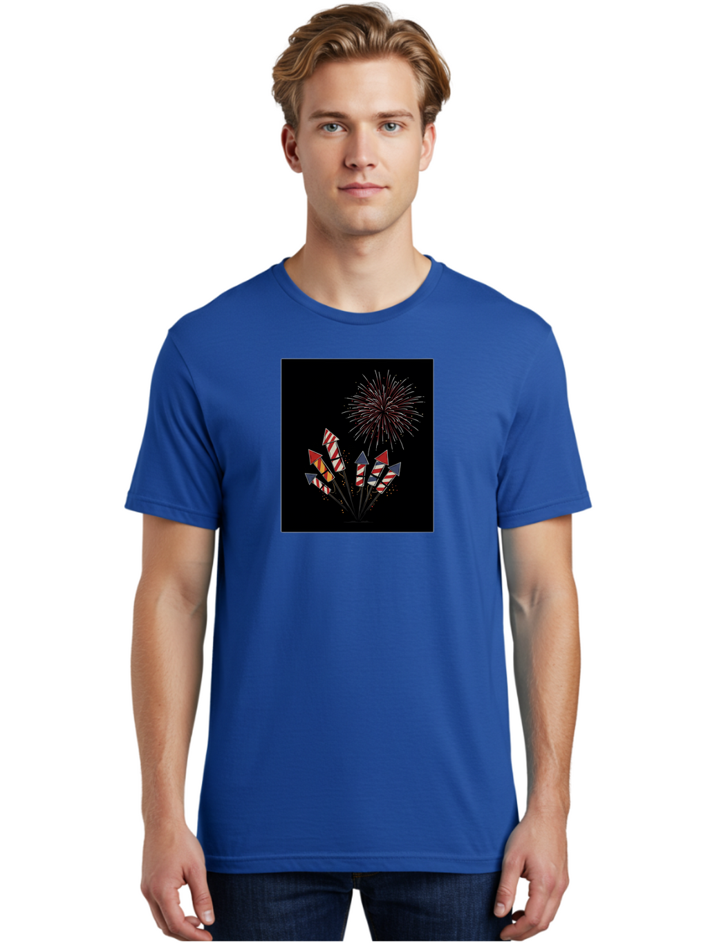 Fireworks Men'S Graphic Tee, 100% Cotton, Comfortable Casual Summer Wear, Machine Washable, Fireworks Explosion, Red White And Blue Fireworks, Festive Celebration, Patriotic Theme, 4Th Of July, Independence Day, Festive Atmosphere, Bad094