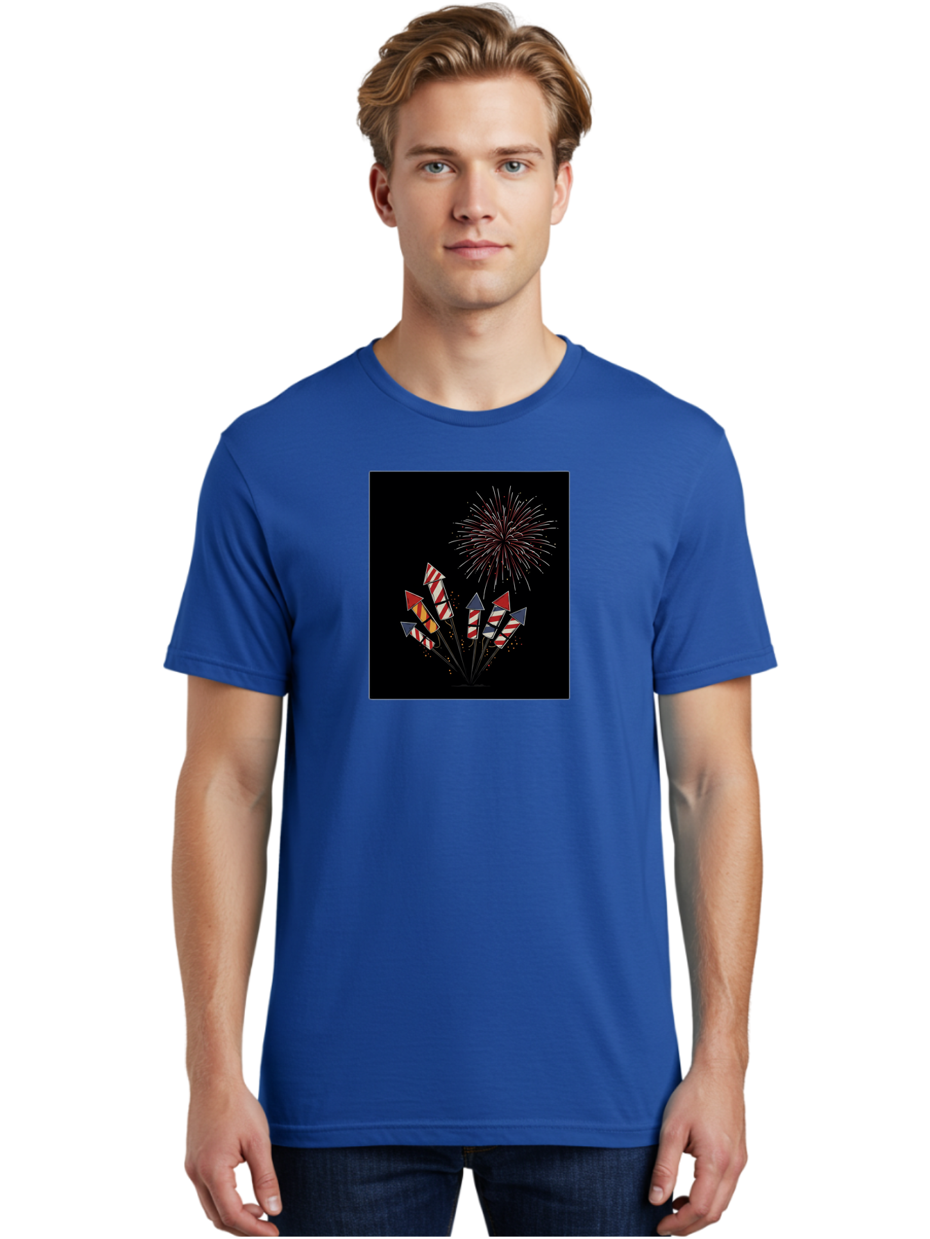 Fireworks Men'S Graphic Tee, 100% Cotton, Comfortable Casual Summer Wear, Machine Washable, Fireworks Explosion, Red White And Blue Fireworks, Festive Celebration, Patriotic Theme, 4Th Of July, Independence Day, Festive Atmosphere, Bad094