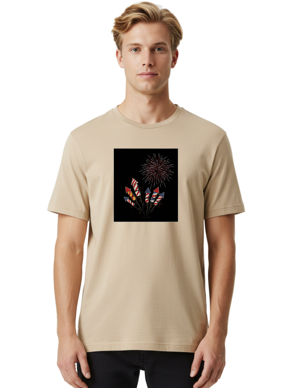 Fireworks Men'S Graphic Tee, 100% Cotton, Comfortable Casual Summer Wear, Machine Washable, Fireworks Explosion, Red White And Blue Fireworks, Festive Celebration, Patriotic Theme, 4Th Of July, Independence Day, Festive Atmosphere, Bad094