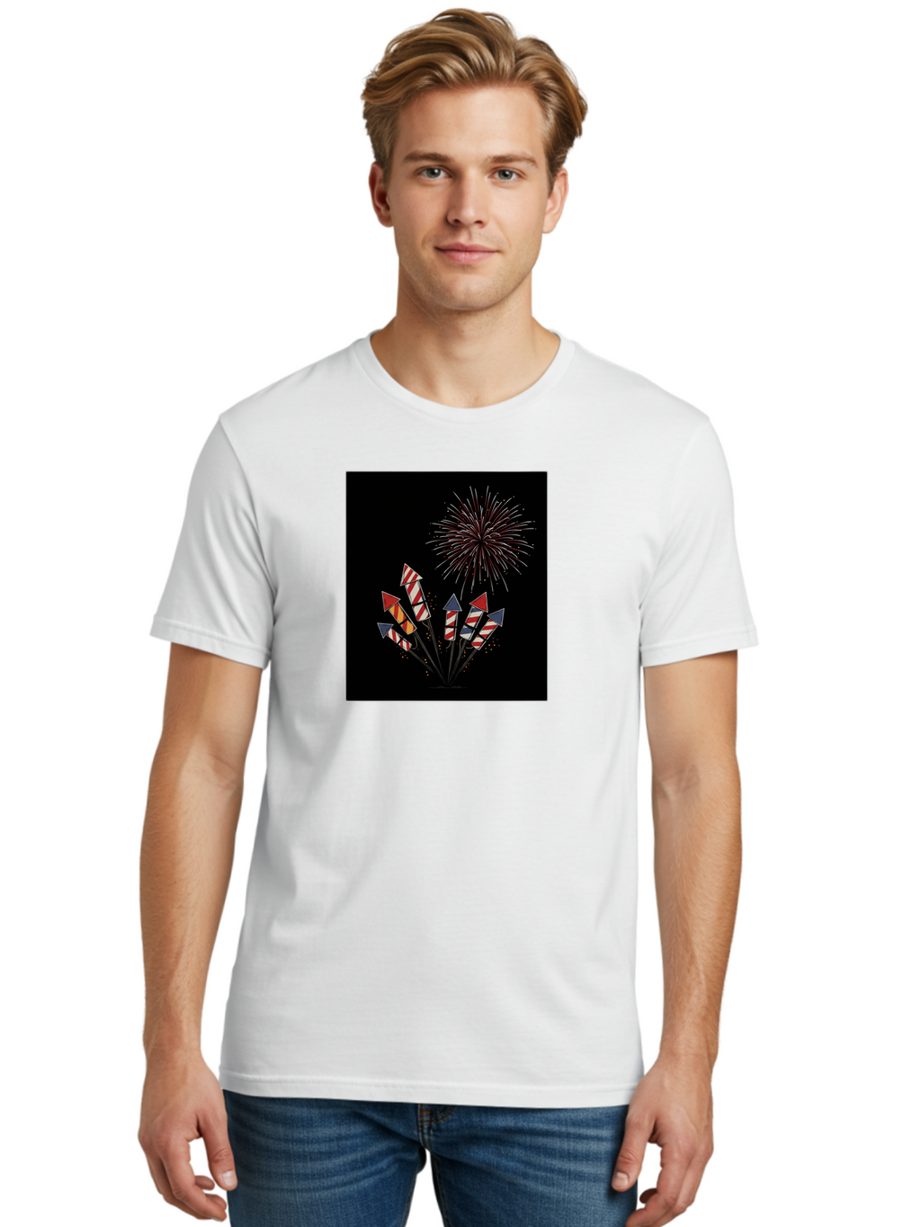Fireworks Men'S Graphic Tee, 100% Cotton, Comfortable Casual Summer Wear, Machine Washable, Fireworks Explosion, Red White And Blue Fireworks, Festive Celebration, Patriotic Theme, 4Th Of July, Independence Day, Festive Atmosphere, Bad094