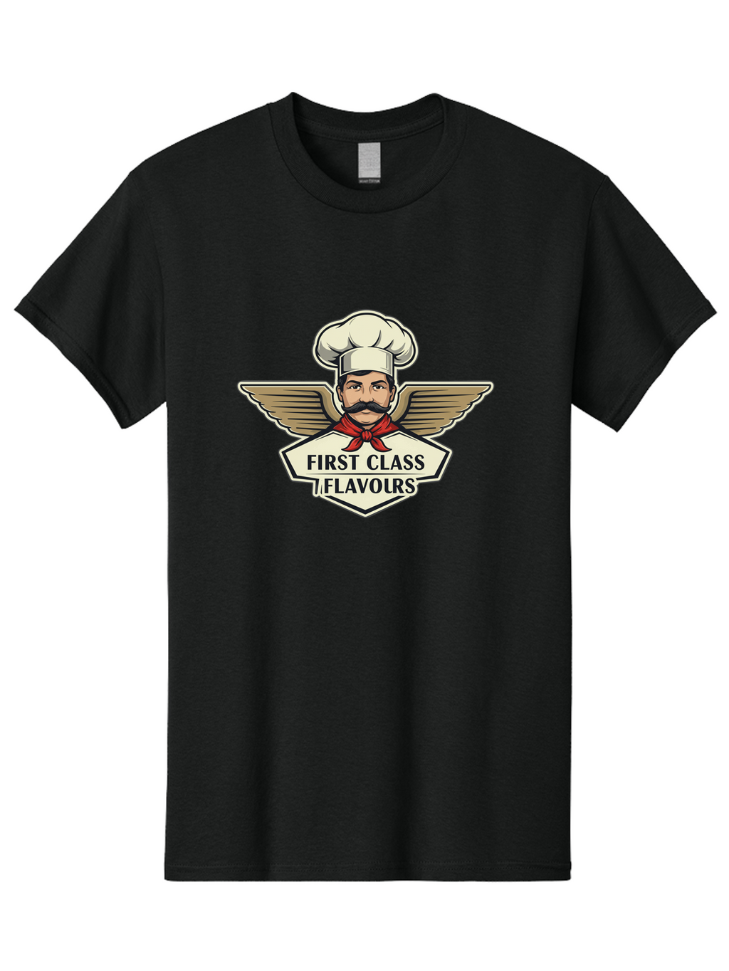 First-Class-Flavours Men'S Graphic Tee, 100% Cotton, Comfortable Casual Summer Wear, Machine Washable, Chef With Wings, Gourmet Cuisine, Fine Dining, Chef'S Hat, Red Neckerchief, Mustache, Luxurious Food, High-End Flavors, Culinary Excellence Bad095