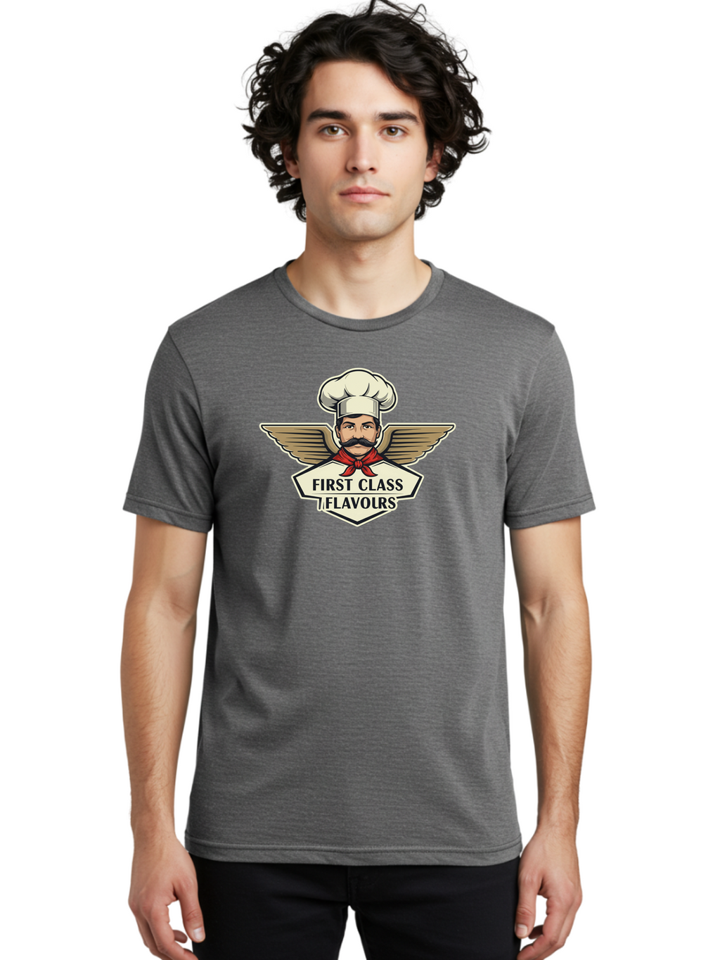First-Class-Flavours Men'S Graphic Tee, 100% Cotton, Comfortable Casual Summer Wear, Machine Washable, Chef With Wings, Gourmet Cuisine, Fine Dining, Chef'S Hat, Red Neckerchief, Mustache, Luxurious Food, High-End Flavors, Culinary Excellence Bad095