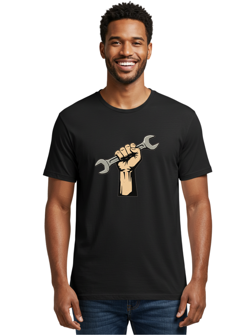 Fist-Holding-Wrench Men'S Graphic Tee, 100% Cotton, Comfortable Casual Summer Wear, Machine Washable, Hand Holding Wrench, Fist Grip, Hand Tool, Mechanic Symbol, Diy, Wrench Illustration, Labor, Hand Strength, Maintenance Bad096