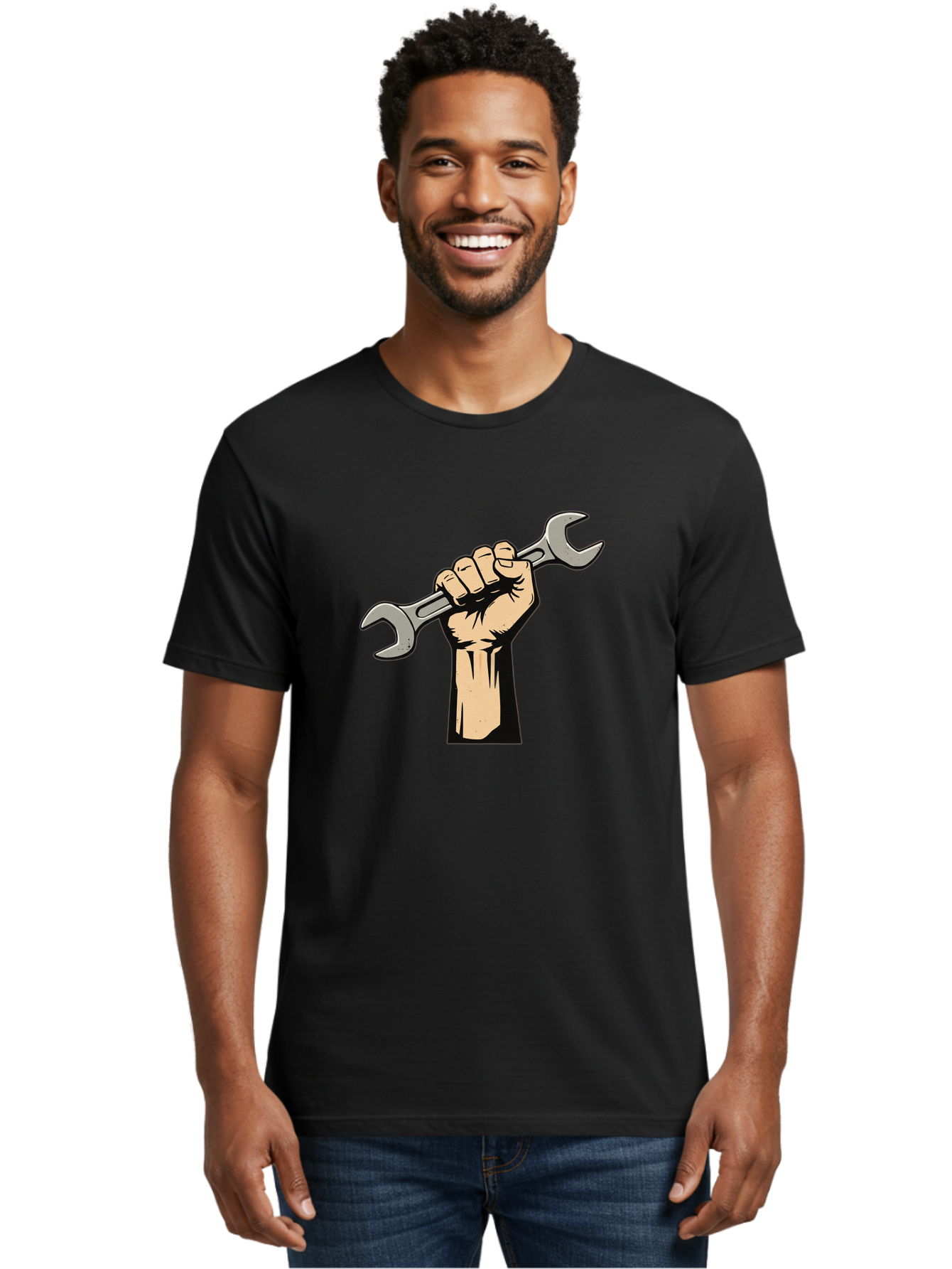 Fist-Holding-Wrench Men'S Graphic Tee, 100% Cotton, Comfortable Casual Summer Wear, Machine Washable, Hand Holding Wrench, Fist Grip, Hand Tool, Mechanic Symbol, Diy, Wrench Illustration, Labor, Hand Strength, Maintenance Bad096