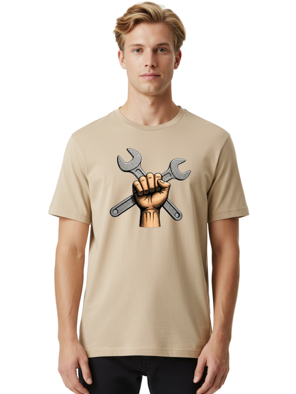 Fist-Holding-Wrenches Men'S Graphic Tee, 100% Cotton, Comfortable Casual Summer Wear, Machine Washable, Clenched Fist Holding Wrenches, Diy Tools, Repair Equipment, Handyman Symbols, Mechanic'S Hands, Maintenance Theme, Industrial Imagery Bad097