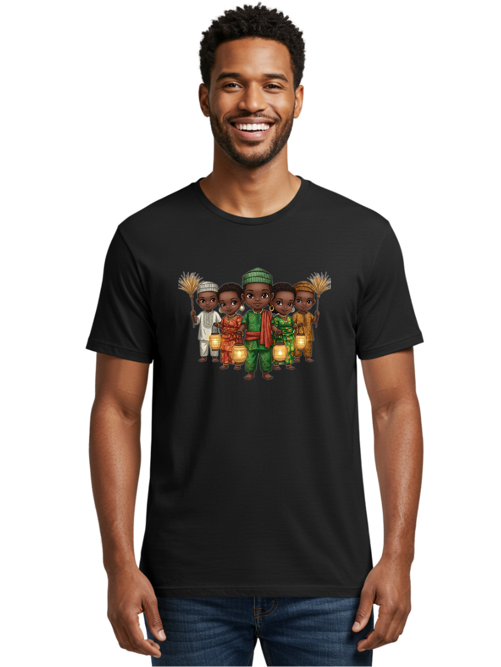 Five-Children Men'S Graphic Tee, 100% Cotton, Comfortable Casual Summer Wear, Machine Washable, Children In Traditional Attire, Cultural Heritage, African Fashion, Lanterns, Fans, Youthful Energy, Vibrant Colors, Traditional Clothing, Bad098