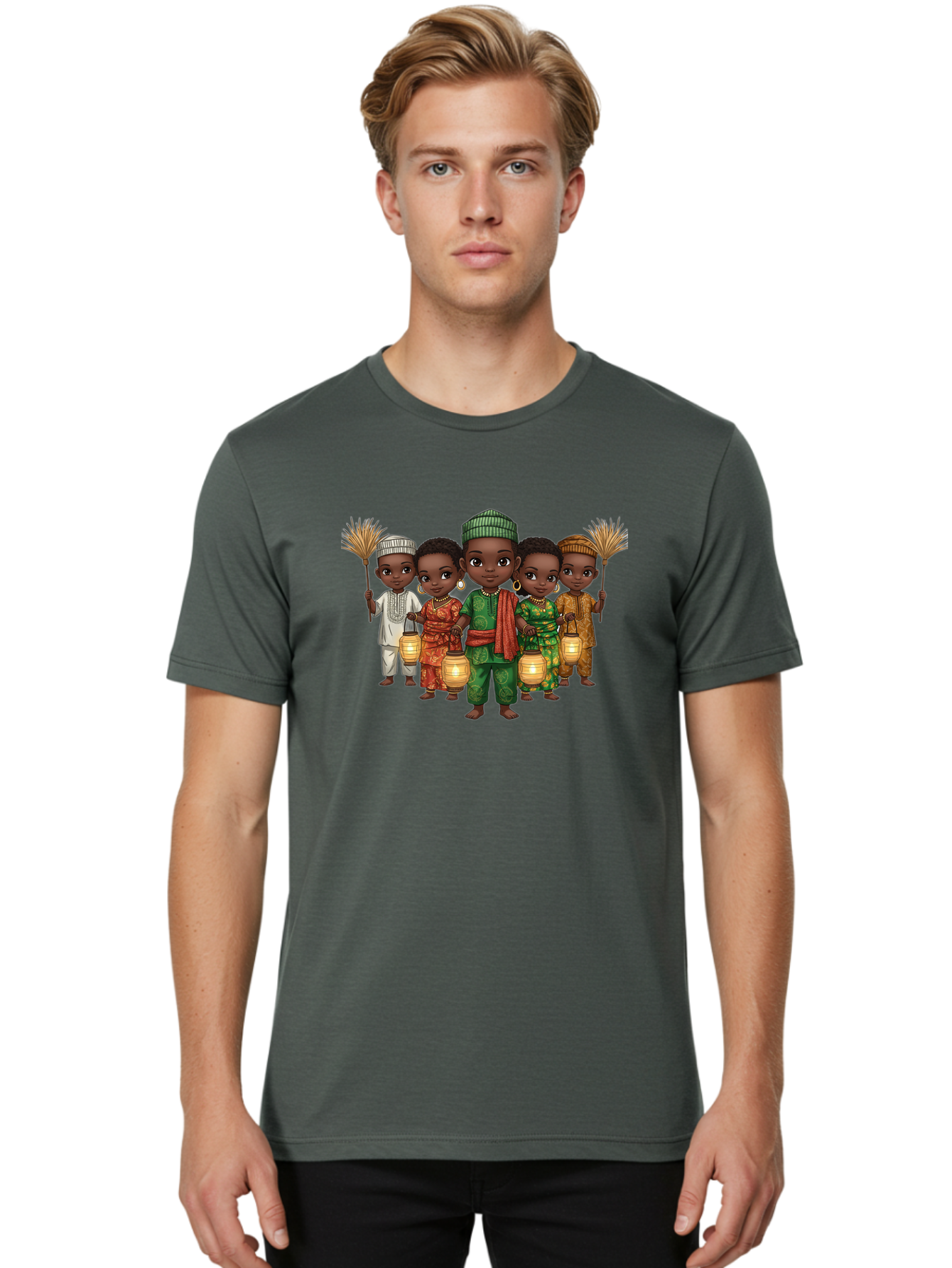 Five-Children Men'S Graphic Tee, 100% Cotton, Comfortable Casual Summer Wear, Machine Washable, Children In Traditional Attire, Cultural Heritage, African Fashion, Lanterns, Fans, Youthful Energy, Vibrant Colors, Traditional Clothing, Bad098