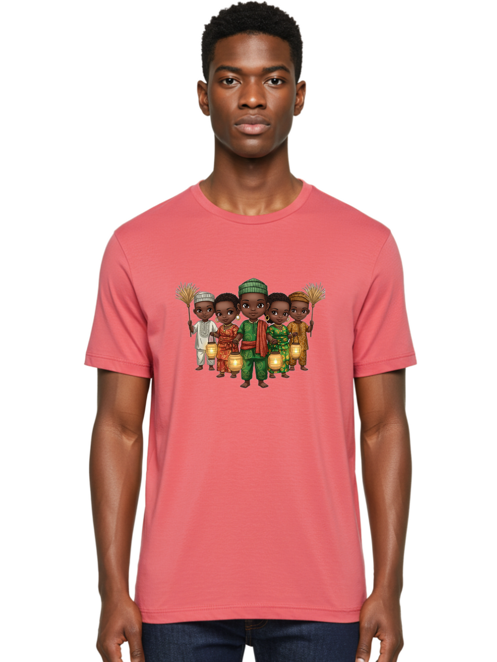 Five-Children Men'S Graphic Tee, 100% Cotton, Comfortable Casual Summer Wear, Machine Washable, Children In Traditional Attire, Cultural Heritage, African Fashion, Lanterns, Fans, Youthful Energy, Vibrant Colors, Traditional Clothing, Bad098