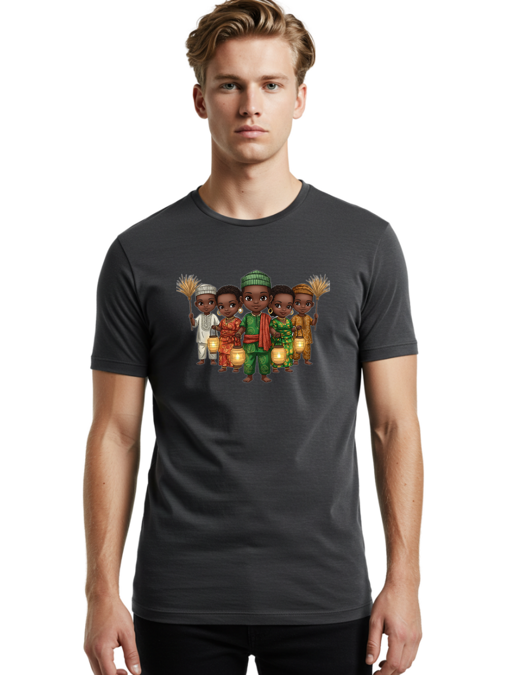 Five-Children Men'S Graphic Tee, 100% Cotton, Comfortable Casual Summer Wear, Machine Washable, Children In Traditional Attire, Cultural Heritage, African Fashion, Lanterns, Fans, Youthful Energy, Vibrant Colors, Traditional Clothing, Bad098
