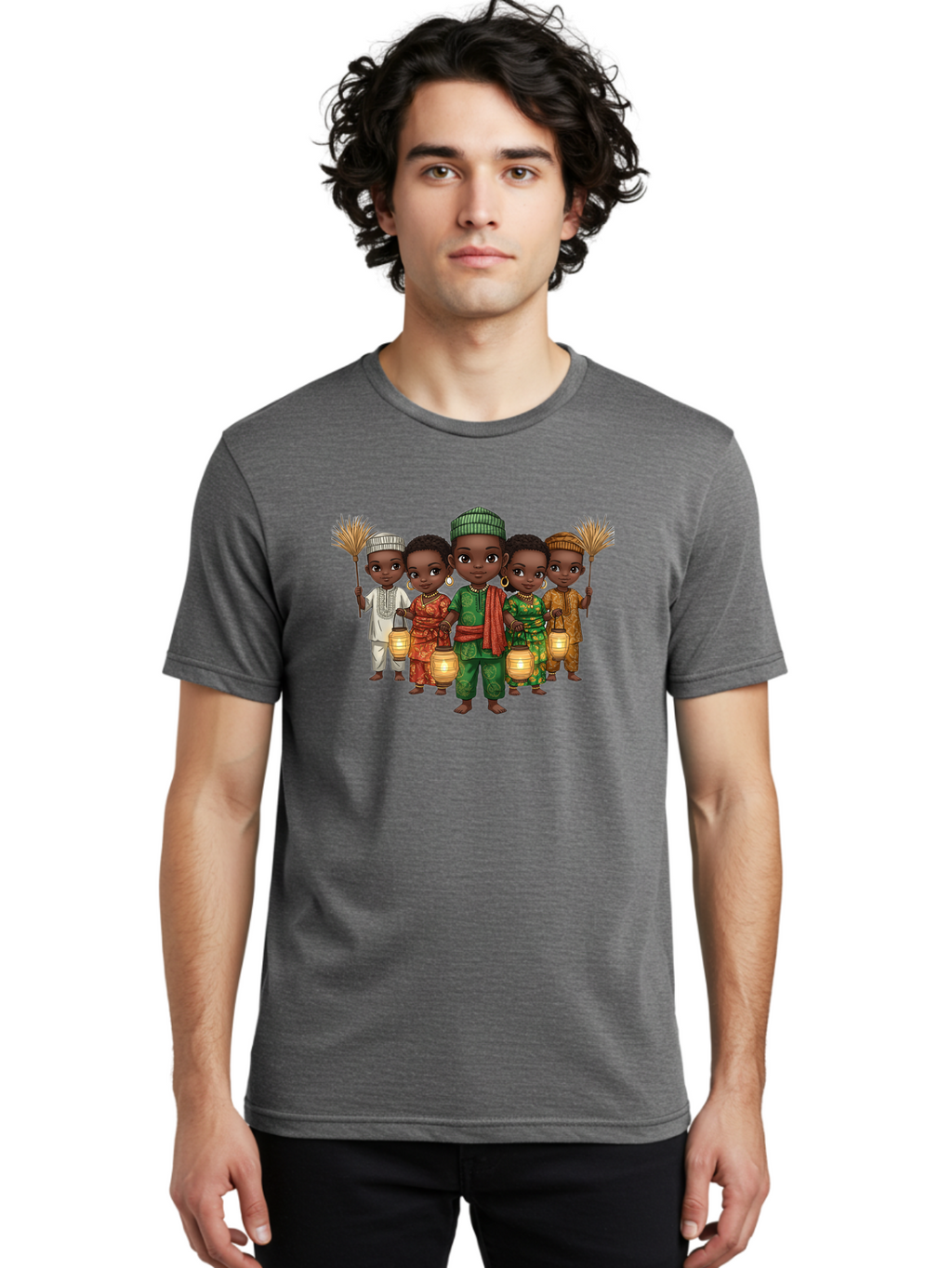 Five-Children Men'S Graphic Tee, 100% Cotton, Comfortable Casual Summer Wear, Machine Washable, Children In Traditional Attire, Cultural Heritage, African Fashion, Lanterns, Fans, Youthful Energy, Vibrant Colors, Traditional Clothing, Bad098