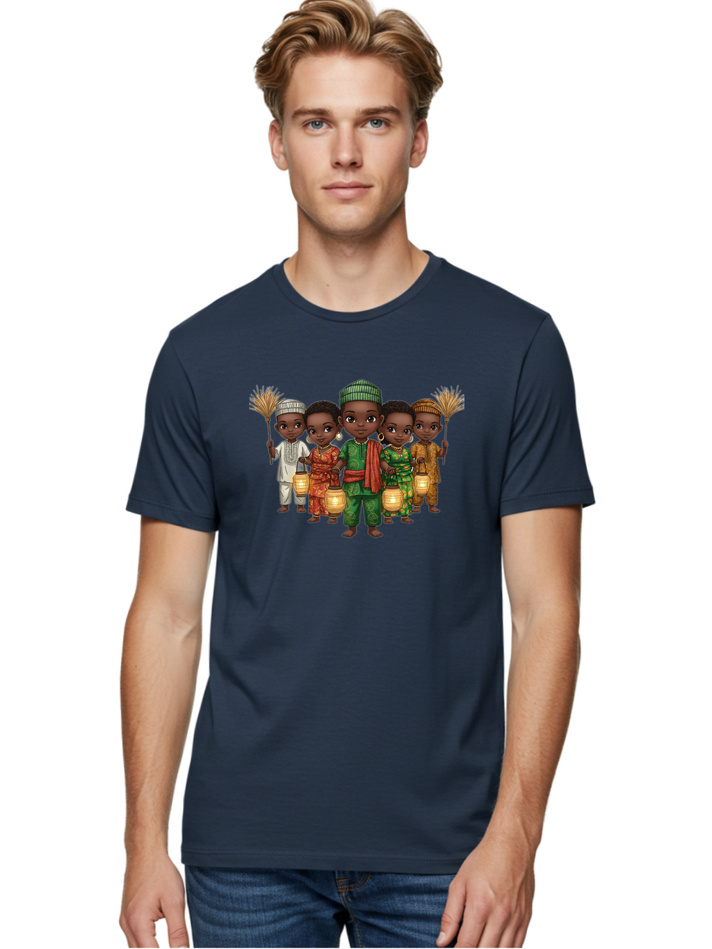 Five-Children Men'S Graphic Tee, 100% Cotton, Comfortable Casual Summer Wear, Machine Washable, Children In Traditional Attire, Cultural Heritage, African Fashion, Lanterns, Fans, Youthful Energy, Vibrant Colors, Traditional Clothing, Bad098