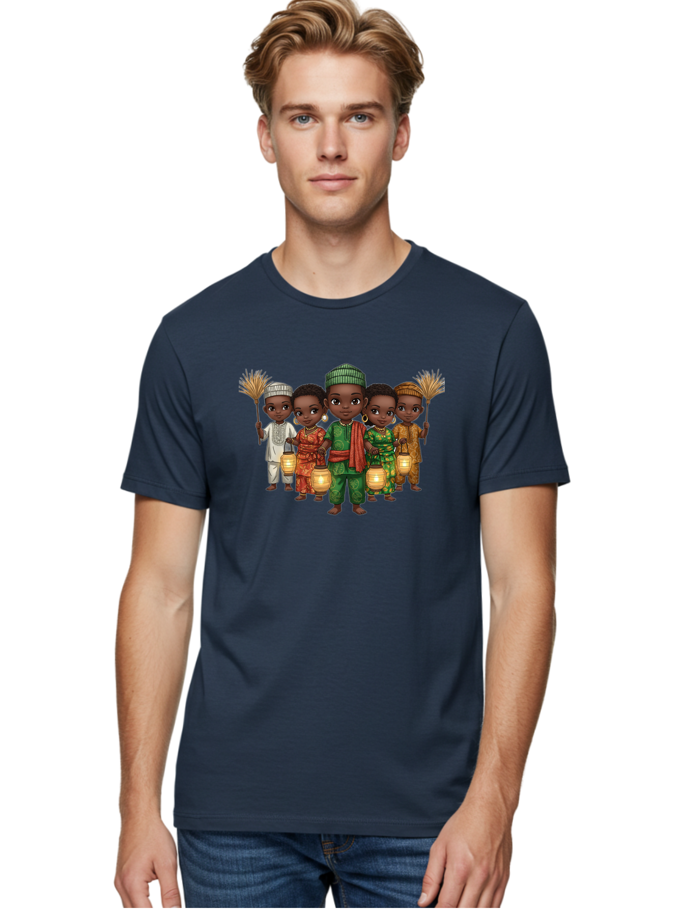 Five-Children Men'S Graphic Tee, 100% Cotton, Comfortable Casual Summer Wear, Machine Washable, Children In Traditional Attire, Cultural Heritage, African Fashion, Lanterns, Fans, Youthful Energy, Vibrant Colors, Traditional Clothing, Bad098