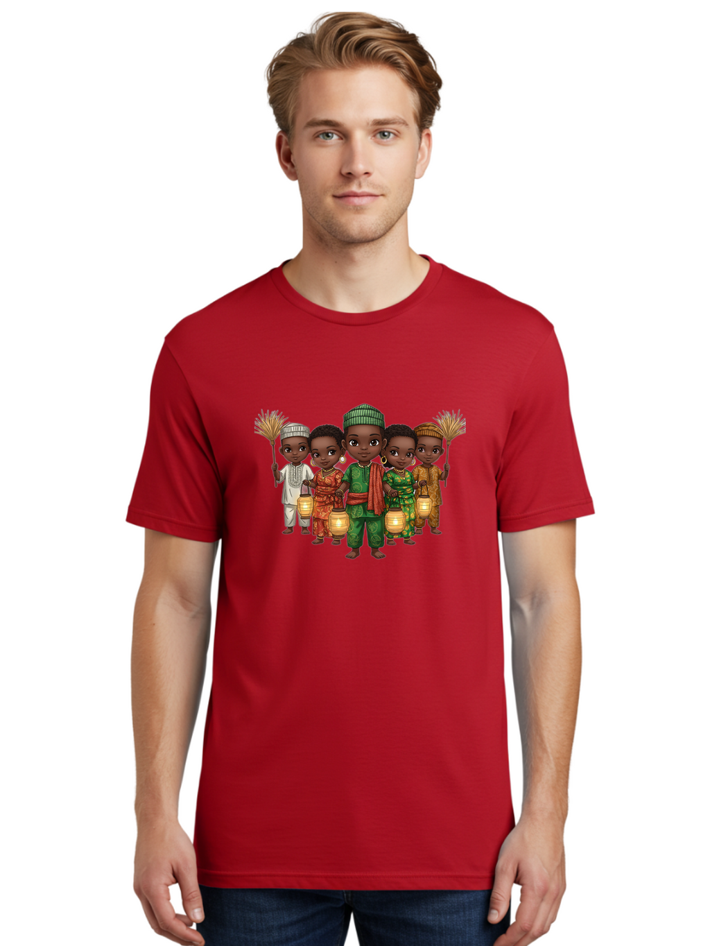 Five-Children Men'S Graphic Tee, 100% Cotton, Comfortable Casual Summer Wear, Machine Washable, Children In Traditional Attire, Cultural Heritage, African Fashion, Lanterns, Fans, Youthful Energy, Vibrant Colors, Traditional Clothing, Bad098