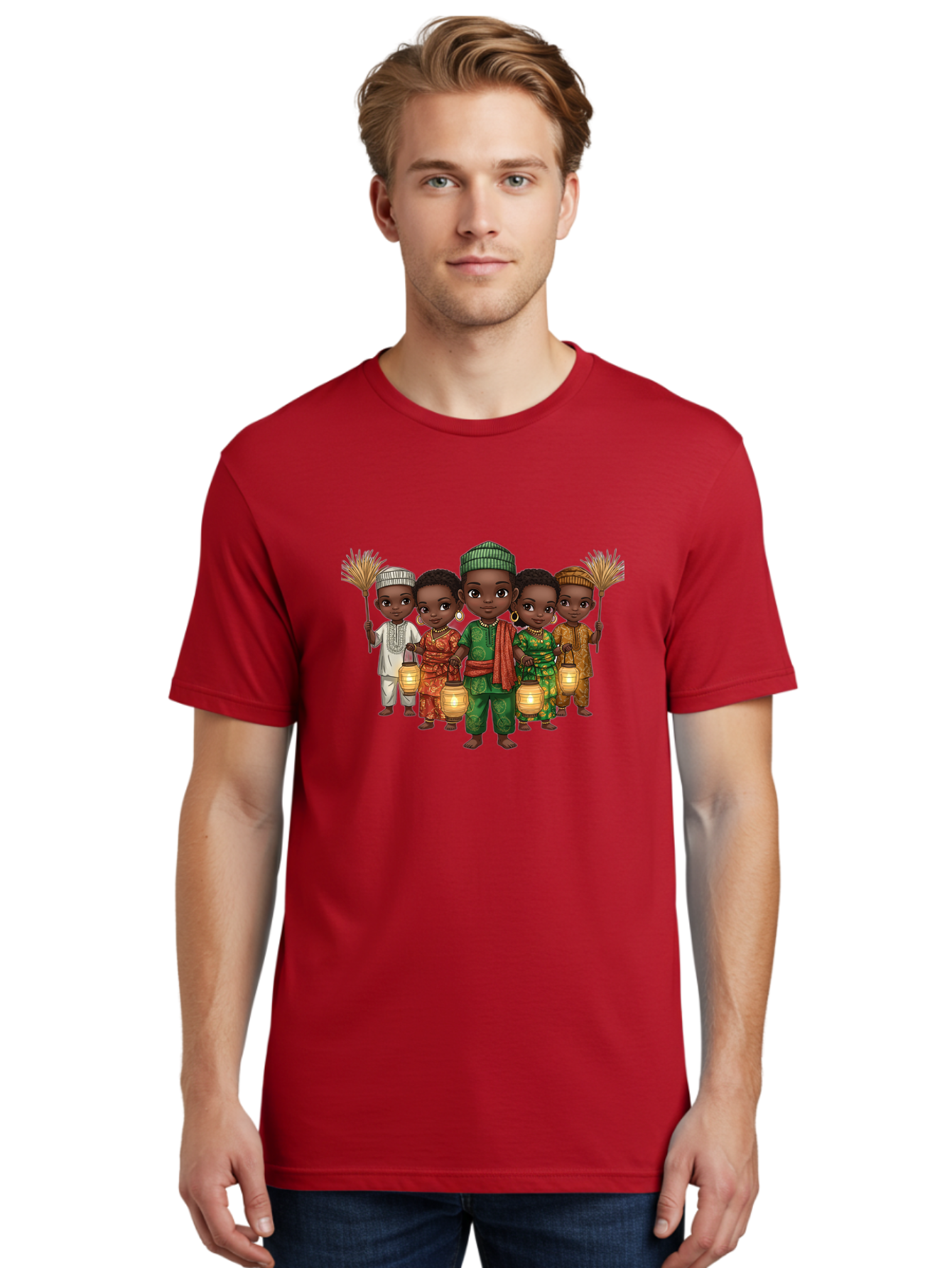 Five-Children Men'S Graphic Tee, 100% Cotton, Comfortable Casual Summer Wear, Machine Washable, Children In Traditional Attire, Cultural Heritage, African Fashion, Lanterns, Fans, Youthful Energy, Vibrant Colors, Traditional Clothing, Bad098
