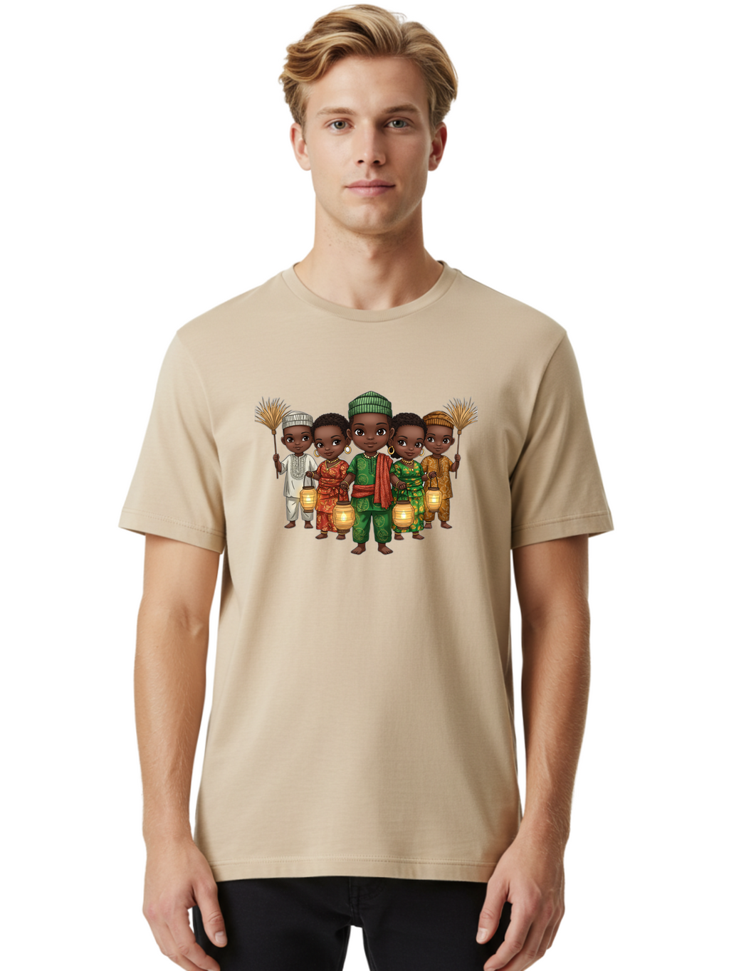 Five-Children Men'S Graphic Tee, 100% Cotton, Comfortable Casual Summer Wear, Machine Washable, Children In Traditional Attire, Cultural Heritage, African Fashion, Lanterns, Fans, Youthful Energy, Vibrant Colors, Traditional Clothing, Bad098