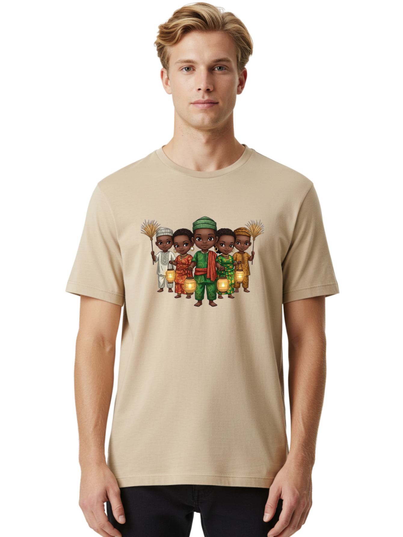 Five-Children Men'S Graphic Tee, 100% Cotton, Comfortable Casual Summer Wear, Machine Washable, Children In Traditional Attire, Cultural Heritage, African Fashion, Lanterns, Fans, Youthful Energy, Vibrant Colors, Traditional Clothing, Bad098