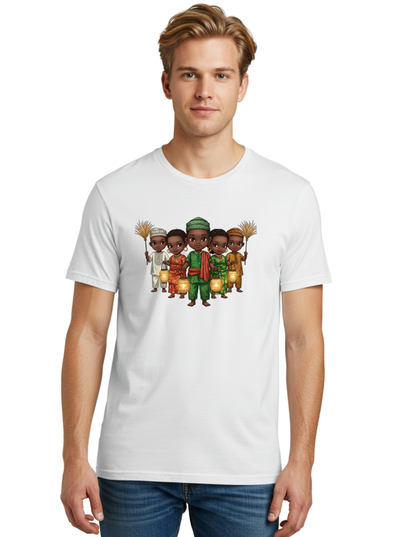 Five-Children Men'S Graphic Tee, 100% Cotton, Comfortable Casual Summer Wear, Machine Washable, Children In Traditional Attire, Cultural Heritage, African Fashion, Lanterns, Fans, Youthful Energy, Vibrant Colors, Traditional Clothing, Bad098