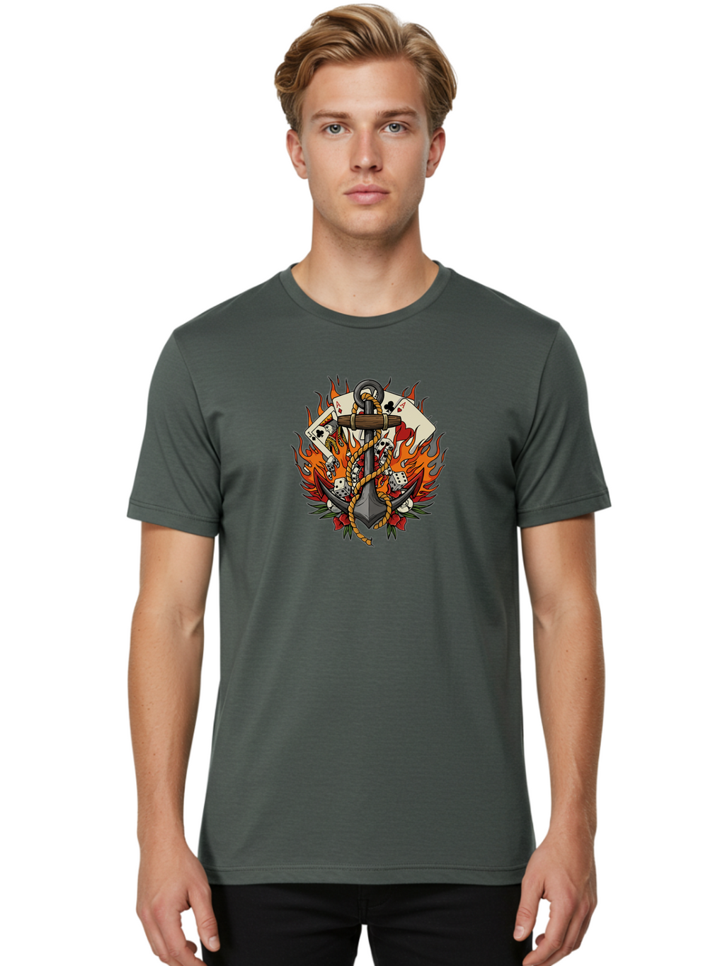 Flaming-Anchor Men'S Graphic Tee, 100% Cotton, Comfortable Casual Summer Wear, Machine Washable, Anchor With Rope, Playing Cards, Dice, Skulls, Fiery Flames, Tattoo Art, Nautical Theme, Casino Luck, Bold Design Bad099