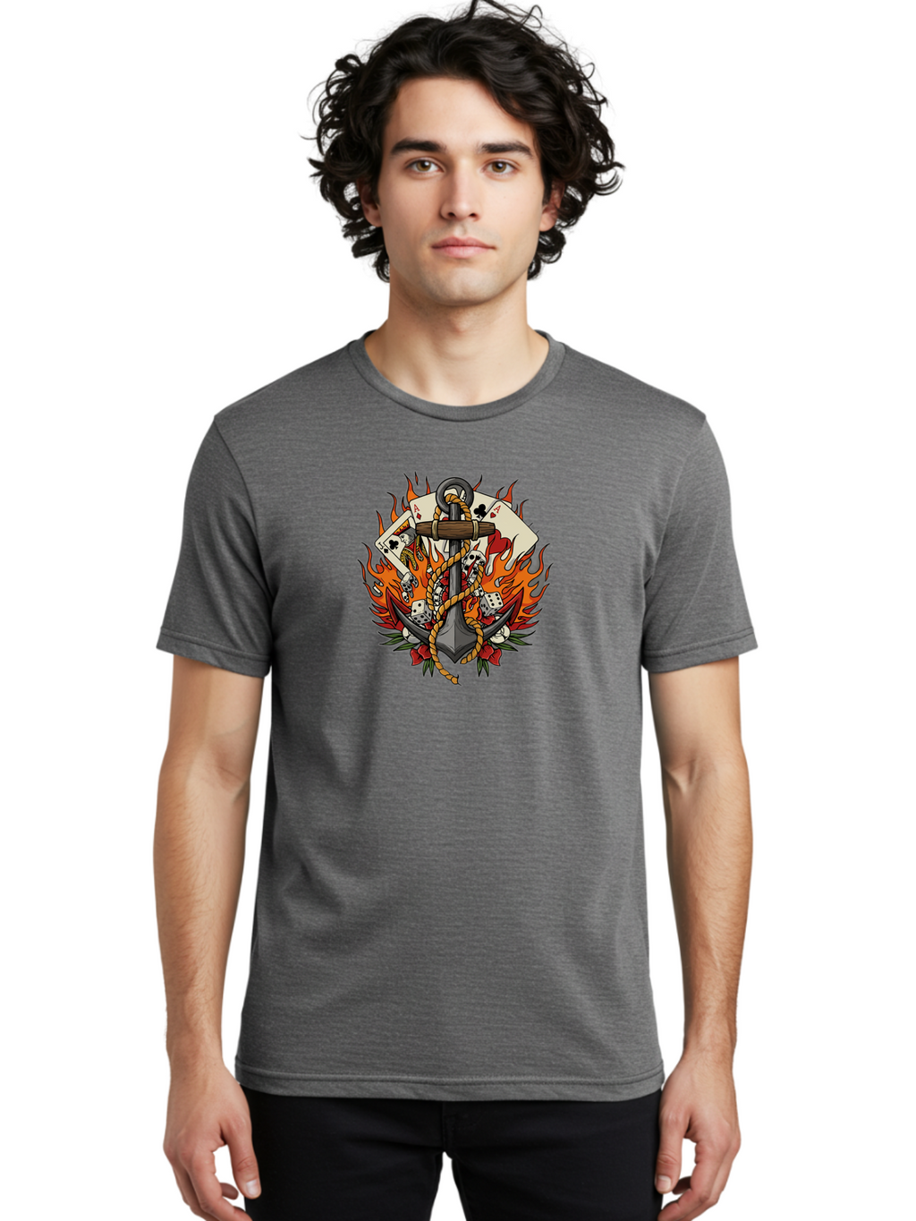 Flaming-Anchor Men'S Graphic Tee, 100% Cotton, Comfortable Casual Summer Wear, Machine Washable, Anchor With Rope, Playing Cards, Dice, Skulls, Fiery Flames, Tattoo Art, Nautical Theme, Casino Luck, Bold Design Bad099