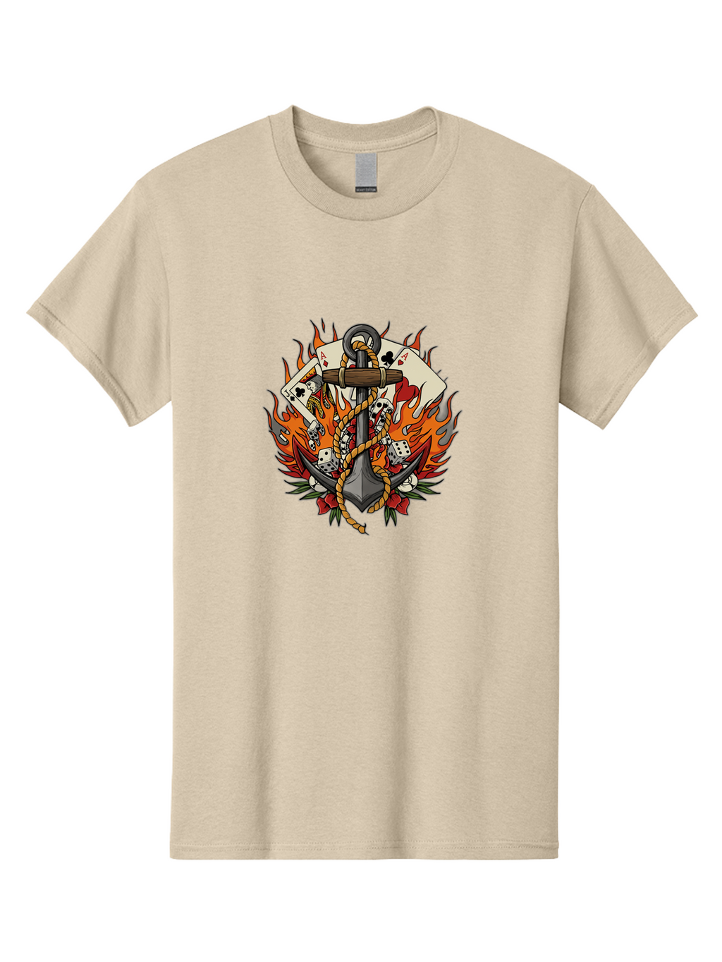 Flaming-Anchor Men'S Graphic Tee, 100% Cotton, Comfortable Casual Summer Wear, Machine Washable, Anchor With Rope, Playing Cards, Dice, Skulls, Fiery Flames, Tattoo Art, Nautical Theme, Casino Luck, Bold Design Bad099
