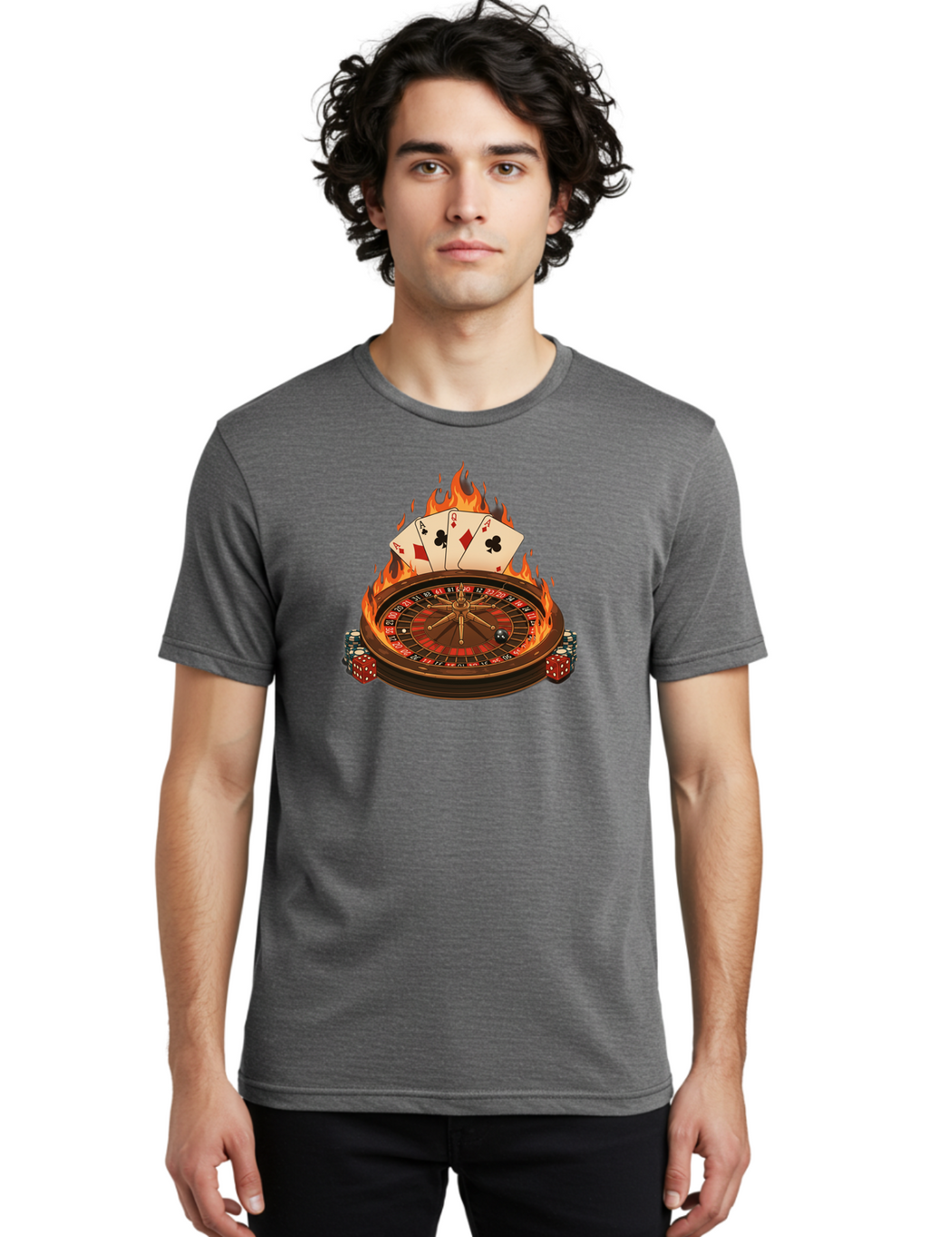 Flaming-Roulette Men'S Graphic Tee, 100% Cotton, Comfortable Casual Summer Wear, Machine Washable, Roulette Wheel, Casino Games, Playing Cards, Poker Chips, Flames, High Stakes, Game Of Chance, Betting, Casino Atmosphere, Luck Bad100