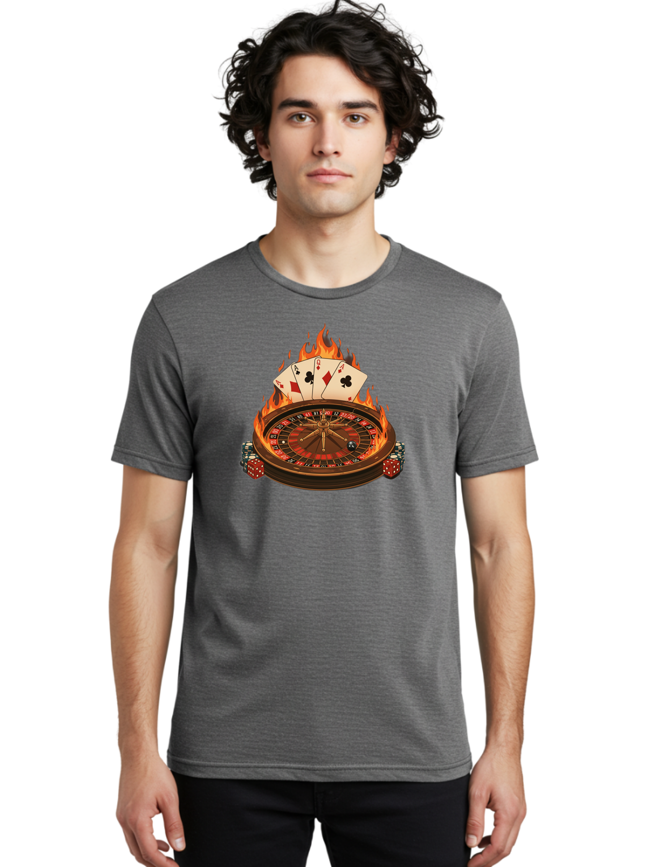 Flaming-Roulette Men'S Graphic Tee, 100% Cotton, Comfortable Casual Summer Wear, Machine Washable, Roulette Wheel, Casino Games, Playing Cards, Poker Chips, Flames, High Stakes, Game Of Chance, Betting, Casino Atmosphere, Luck Bad100