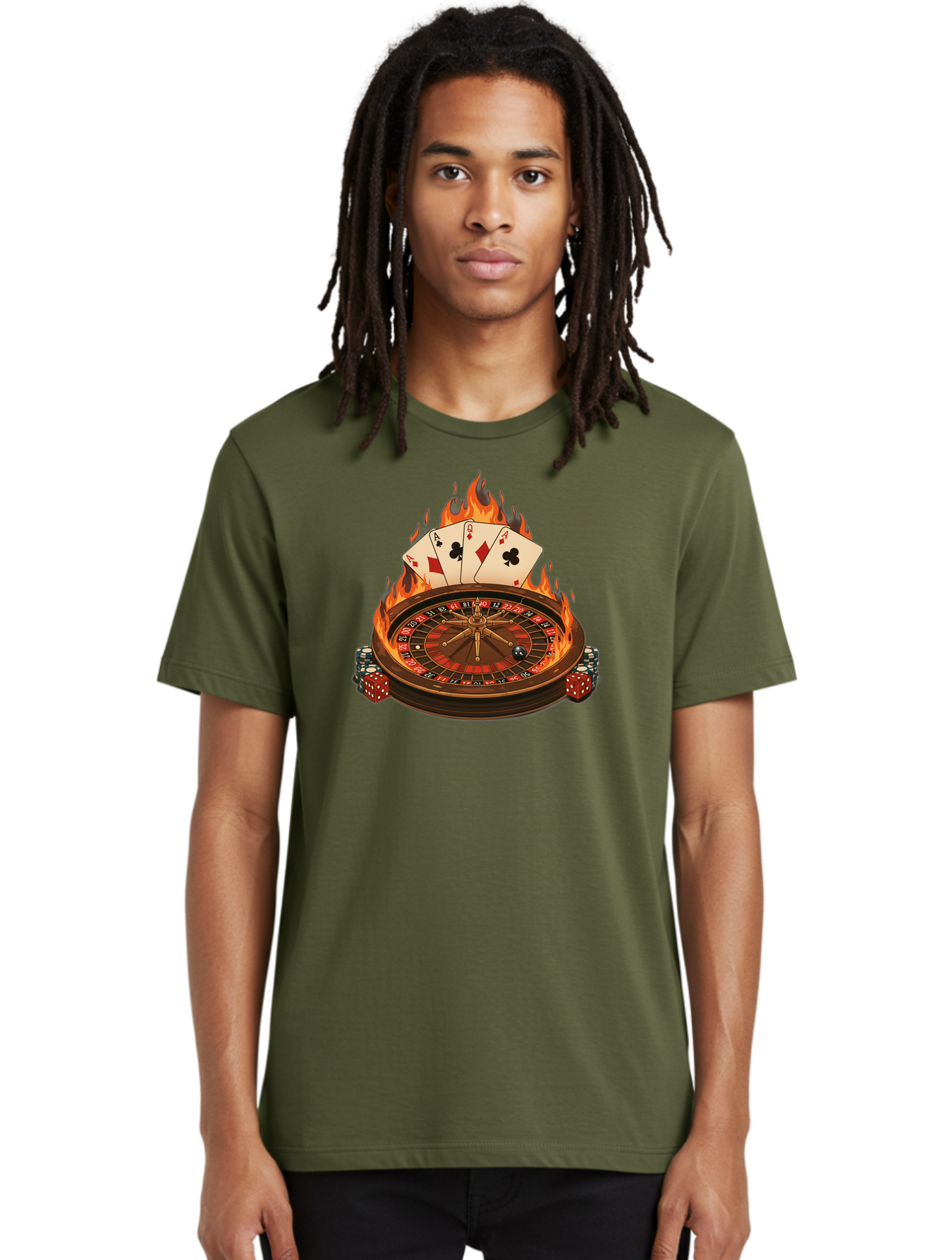 Flaming-Roulette Men'S Graphic Tee, 100% Cotton, Comfortable Casual Summer Wear, Machine Washable, Roulette Wheel, Casino Games, Playing Cards, Poker Chips, Flames, High Stakes, Game Of Chance, Betting, Casino Atmosphere, Luck Bad100