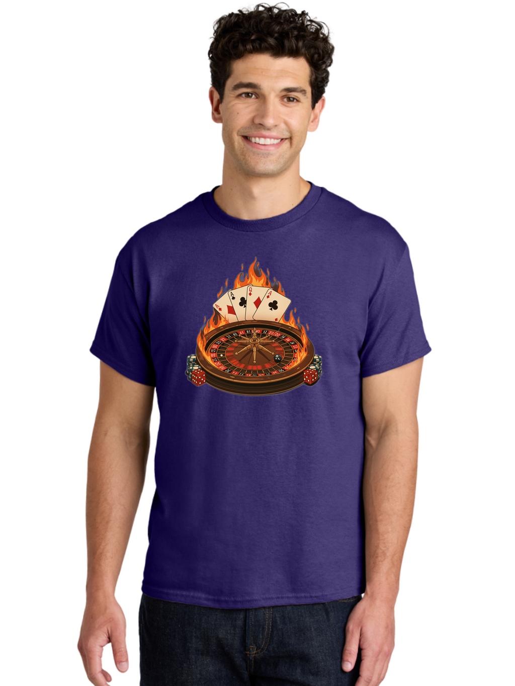 Flaming-Roulette Men'S Graphic Tee, 100% Cotton, Comfortable Casual Summer Wear, Machine Washable, Roulette Wheel, Casino Games, Playing Cards, Poker Chips, Flames, High Stakes, Game Of Chance, Betting, Casino Atmosphere, Luck Bad100
