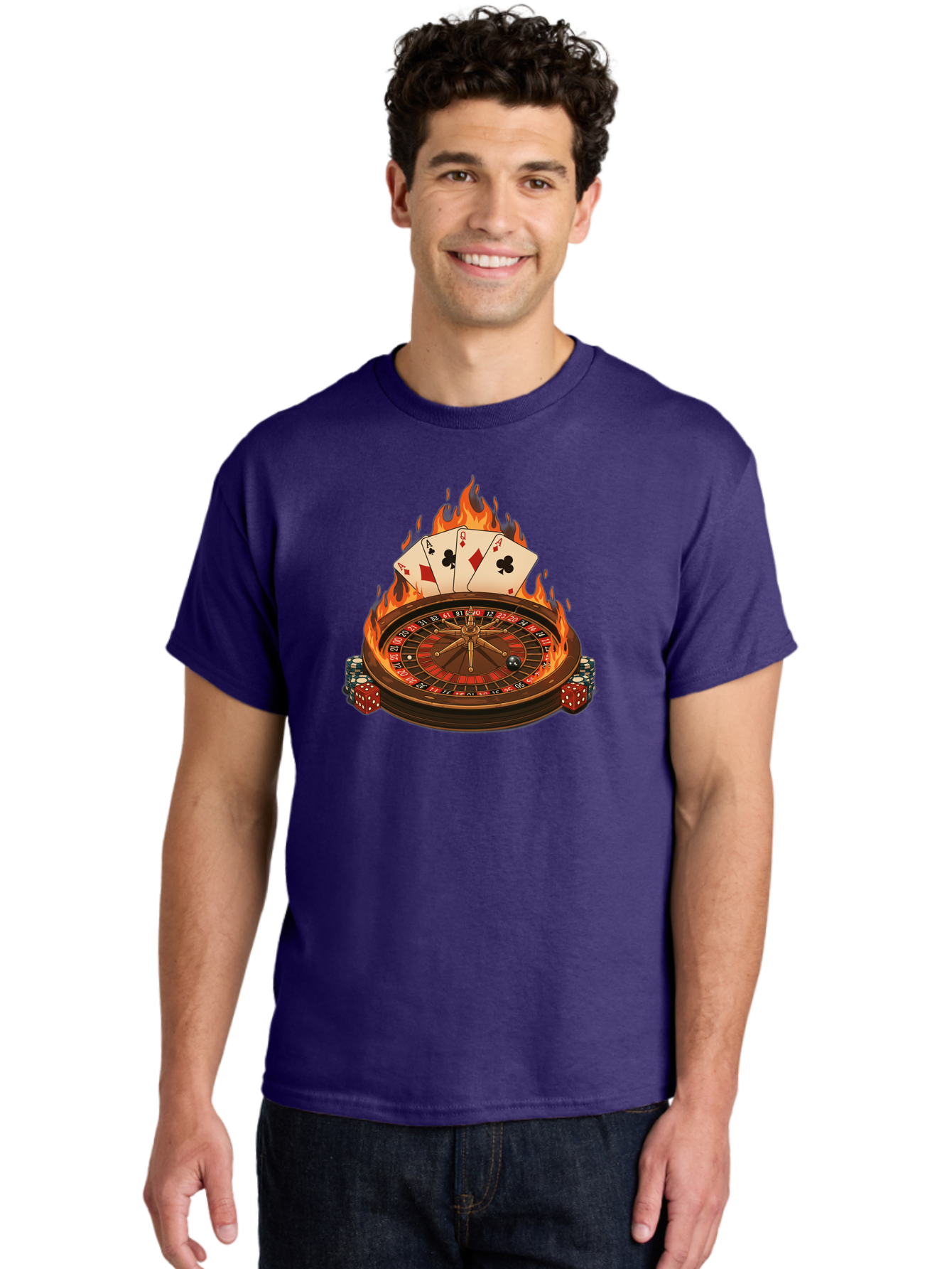 Flaming-Roulette Men'S Graphic Tee, 100% Cotton, Comfortable Casual Summer Wear, Machine Washable, Roulette Wheel, Casino Games, Playing Cards, Poker Chips, Flames, High Stakes, Game Of Chance, Betting, Casino Atmosphere, Luck Bad100