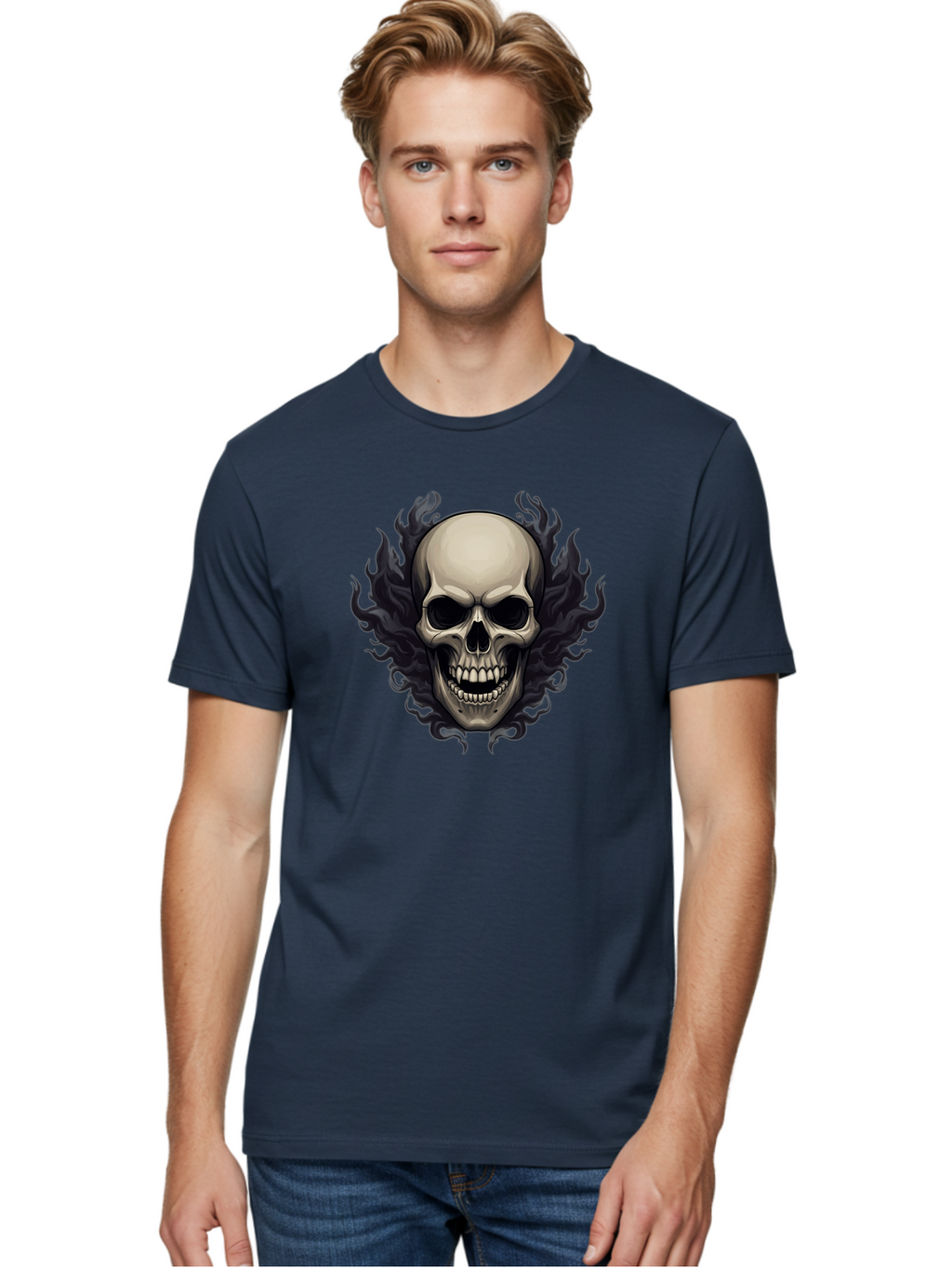 Flaming-Skull Men'S Graphic Tee, 100% Cotton, Comfortable Casual Summer Wear, Machine Washable, Skull With Flames, Grunge Style, Gothic Graphic, Horror Theme, Dark Art, Punk Rock, Edgy Design, Bold Imagery, Fiery Skull, Intense Graphics Bad101