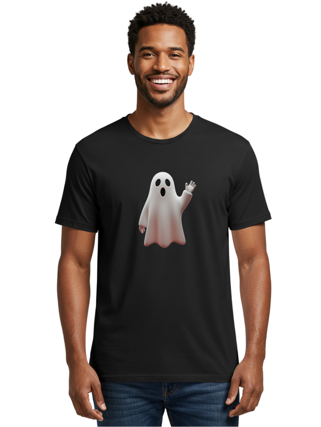Floating-Ghost Men'S Graphic Tee, 100% Cotton, Comfortable Casual Summer Wear, Machine Washable, Cartoon Ghost, Friendly Ghost, White Ghost Character, Waving Hand, Surprised Expression, Halloween Character, 3D Illustration, Ghostly Figure Bad103