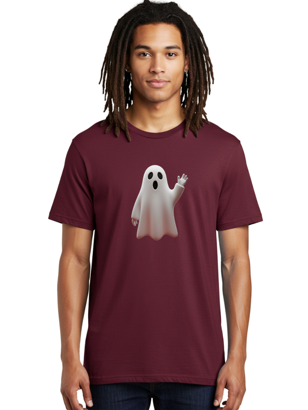 Floating-Ghost Men'S Graphic Tee, 100% Cotton, Comfortable Casual Summer Wear, Machine Washable, Cartoon Ghost, Friendly Ghost, White Ghost Character, Waving Hand, Surprised Expression, Halloween Character, 3D Illustration, Ghostly Figure Bad103